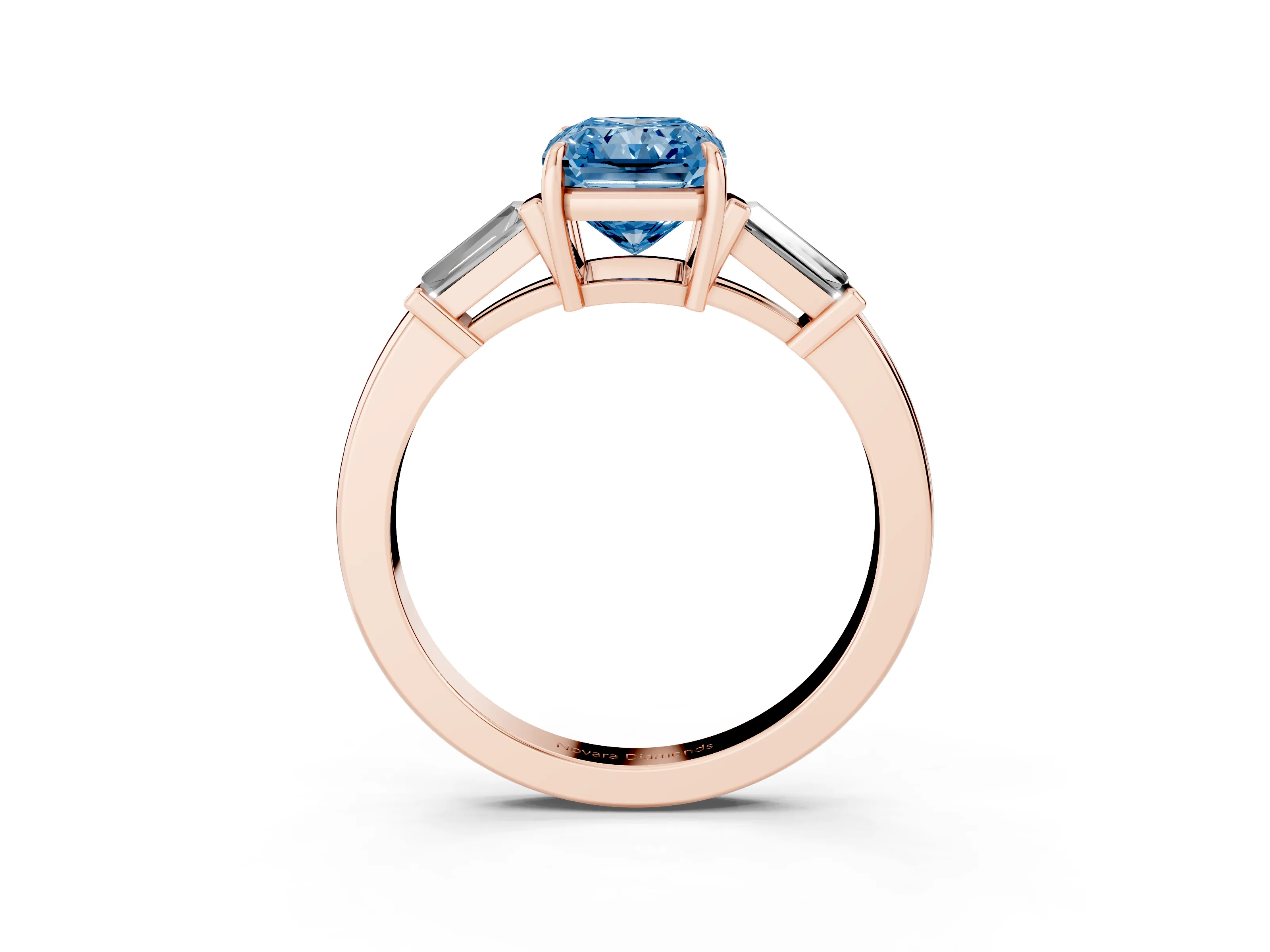 Fancy Blue Radiant Cut Diamond Three-Stone Ring Set in Rose gold with Tapered Baguette Side Stones and Prong Setting