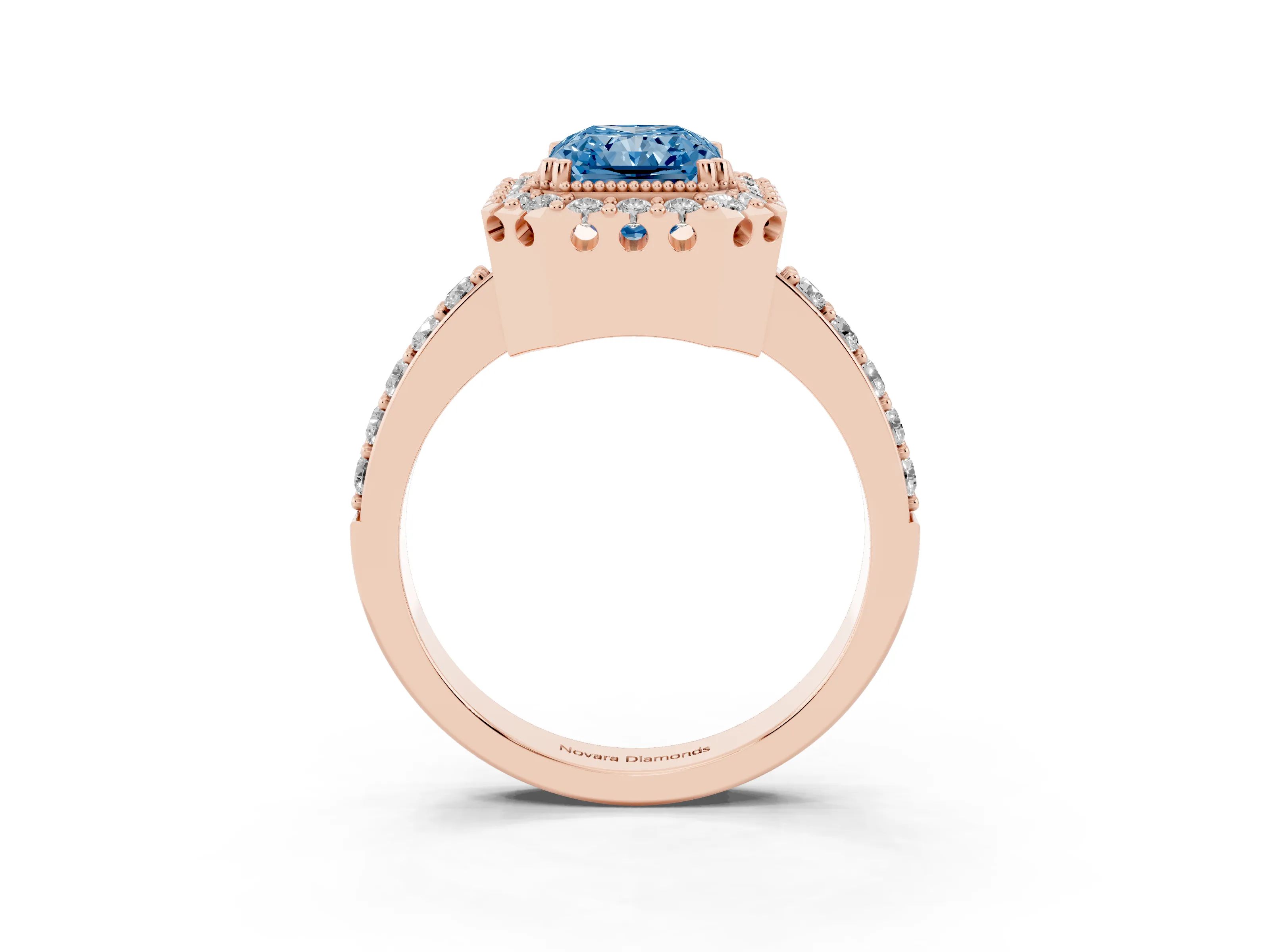 Fancy Blue Radiant Cut Diamond Halo Ring Set in Rose gold with Pavé Shank and Prong Setting