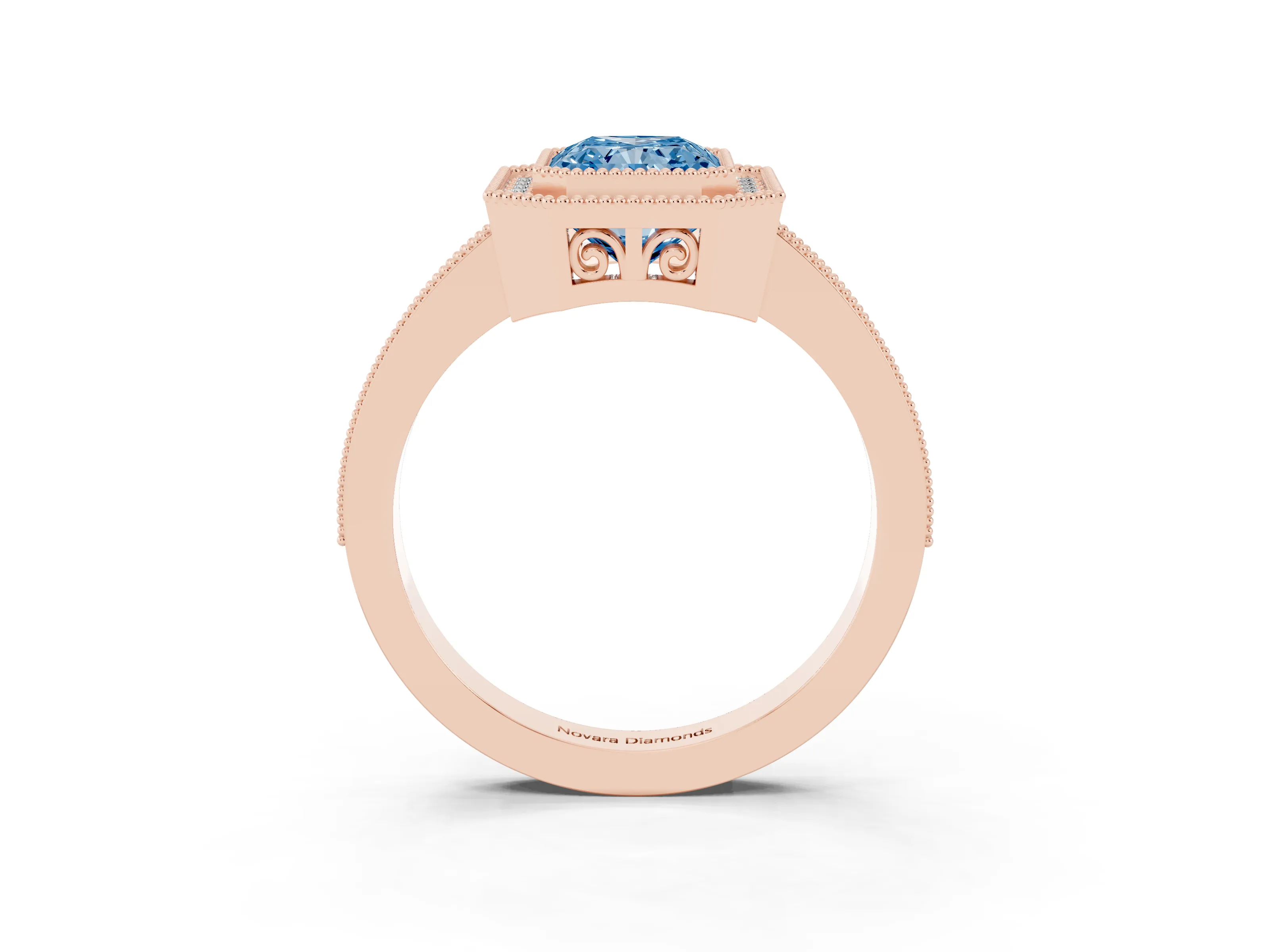 Fancy Blue Radiant Cut Diamond Round Halo Ring Set in Rose gold with Pavé Band