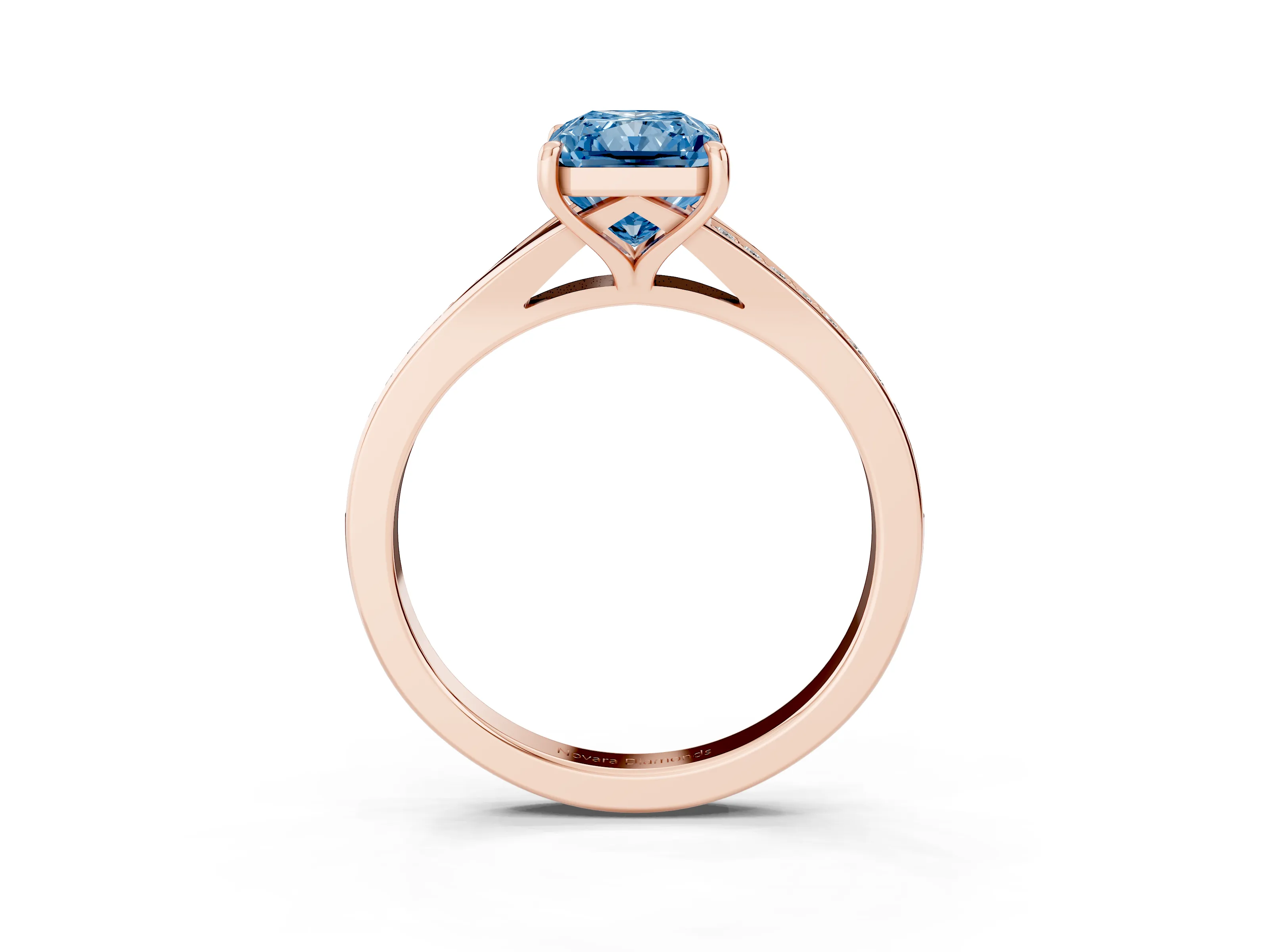 Fancy Blue Radiant Cut Diamond Solitaire Ring Set in Rose gold with Pavé Accent Band and Classic Prong Setting