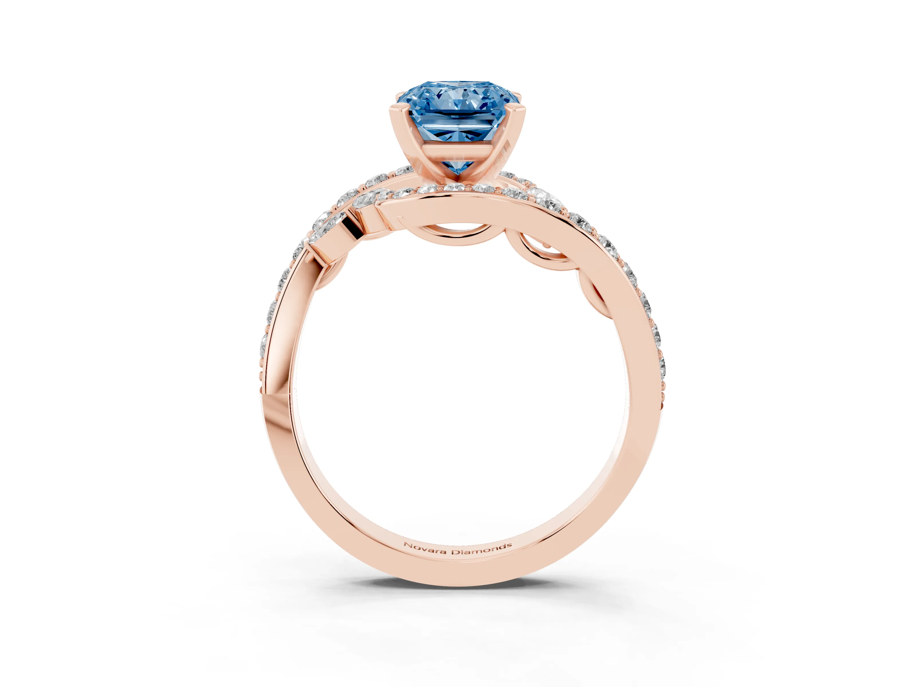 Fancy Blue Radiant Cut Diamond Solitaire Ring Set in Rose gold with Pavé Twist Band and Secure Prong Setting