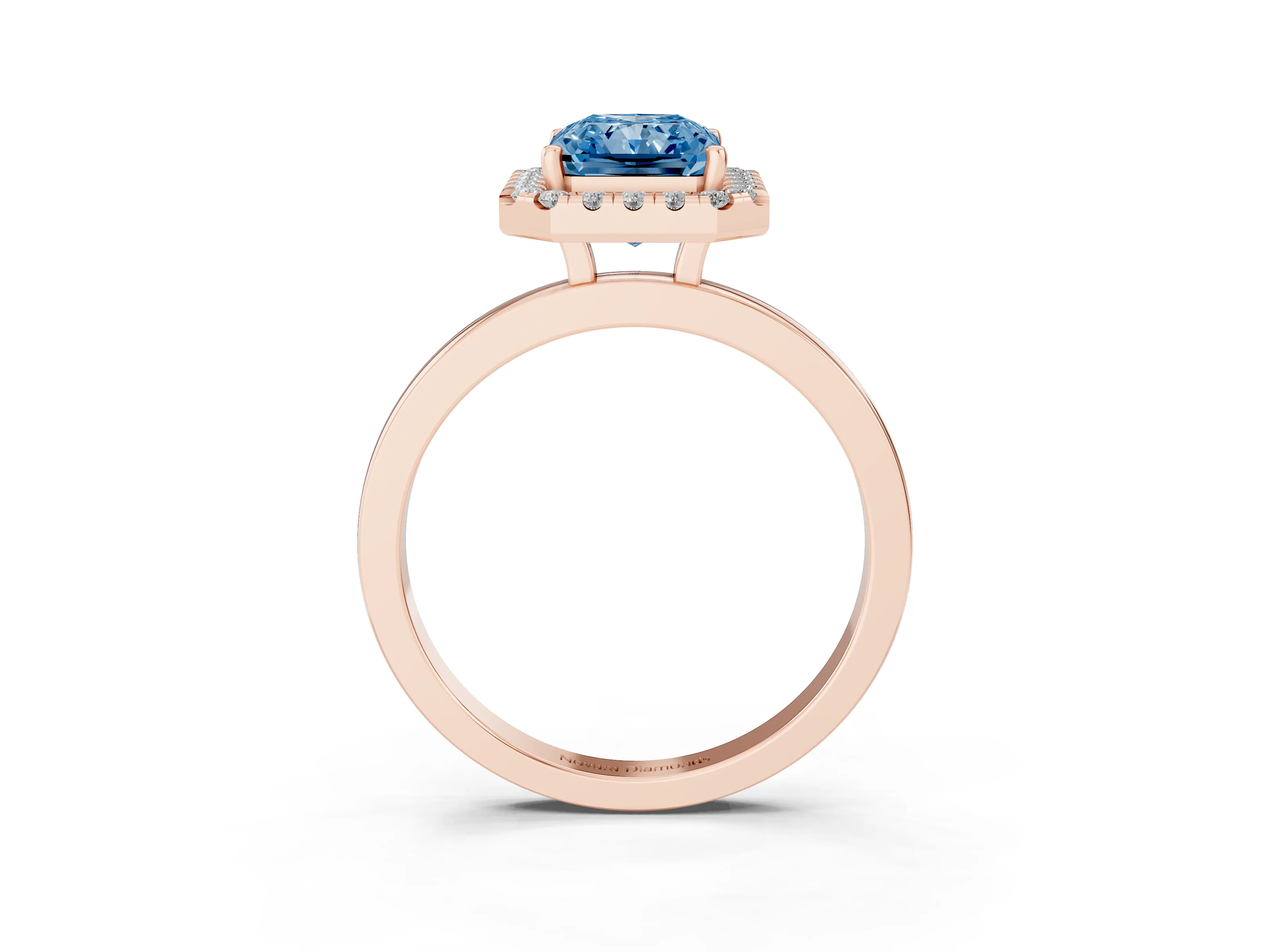 Fancy Blue Radiant Cut Diamond Halo Solitaire Ring Set in Rose gold with Pavé Band and Prong Setting