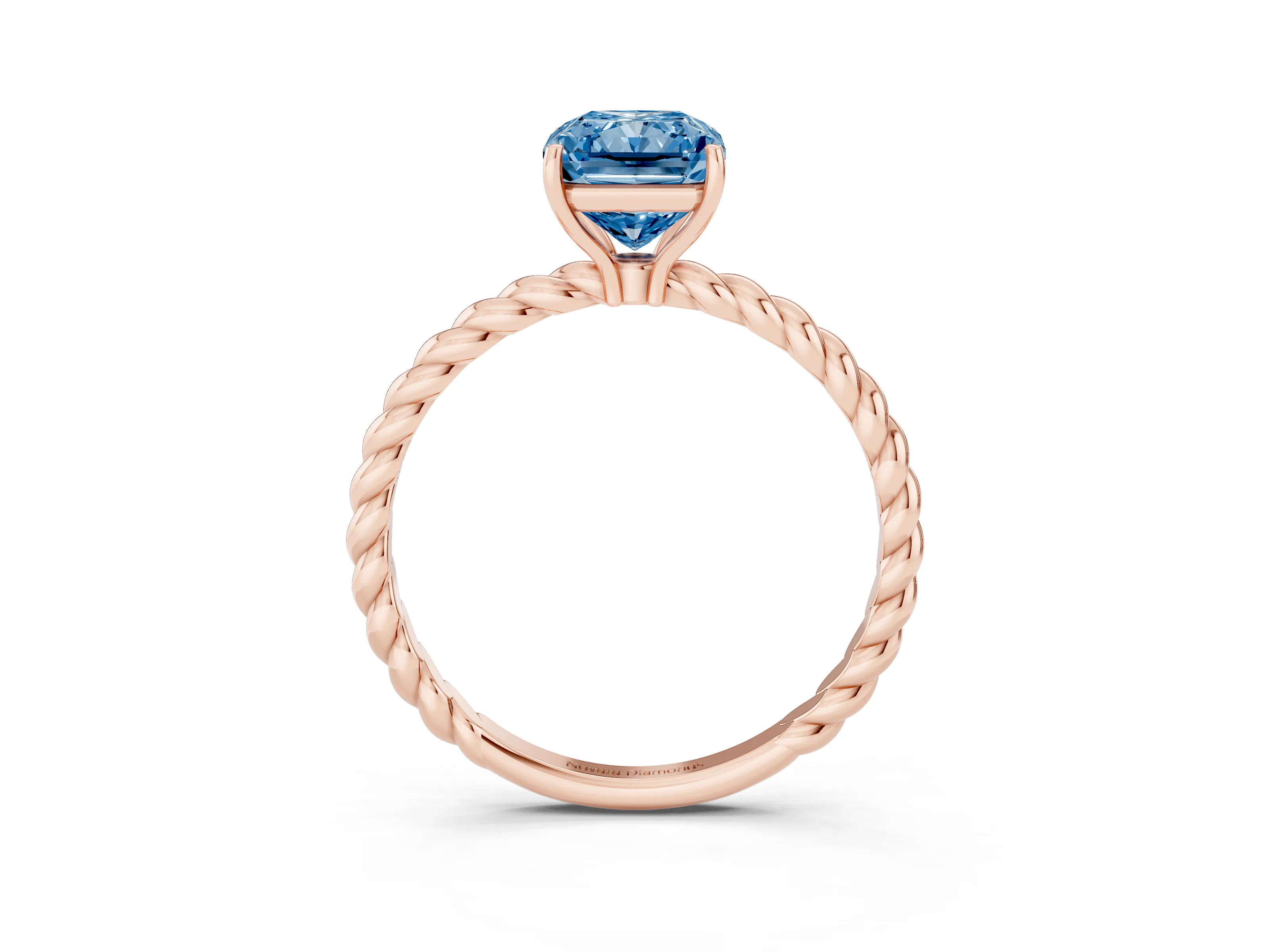 Fancy Blue Radiant Cut Diamond Solitaire Ring Set in Rose gold with Twist Band and Prong Setting