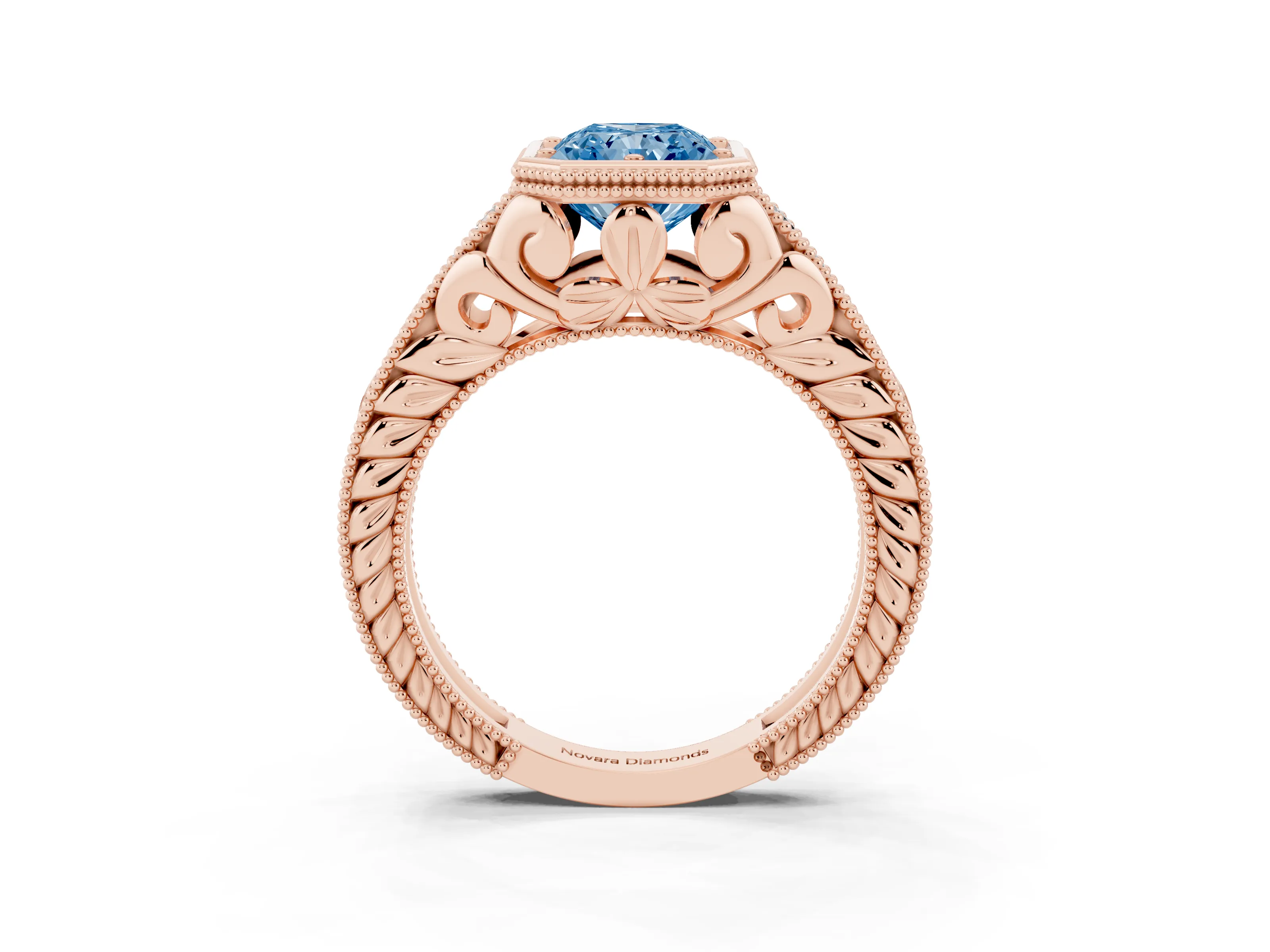 Fancy Blue Bezel Set Radiant Cut Diamond Milgrain Pavé Engagement Ring Set in Rose gold