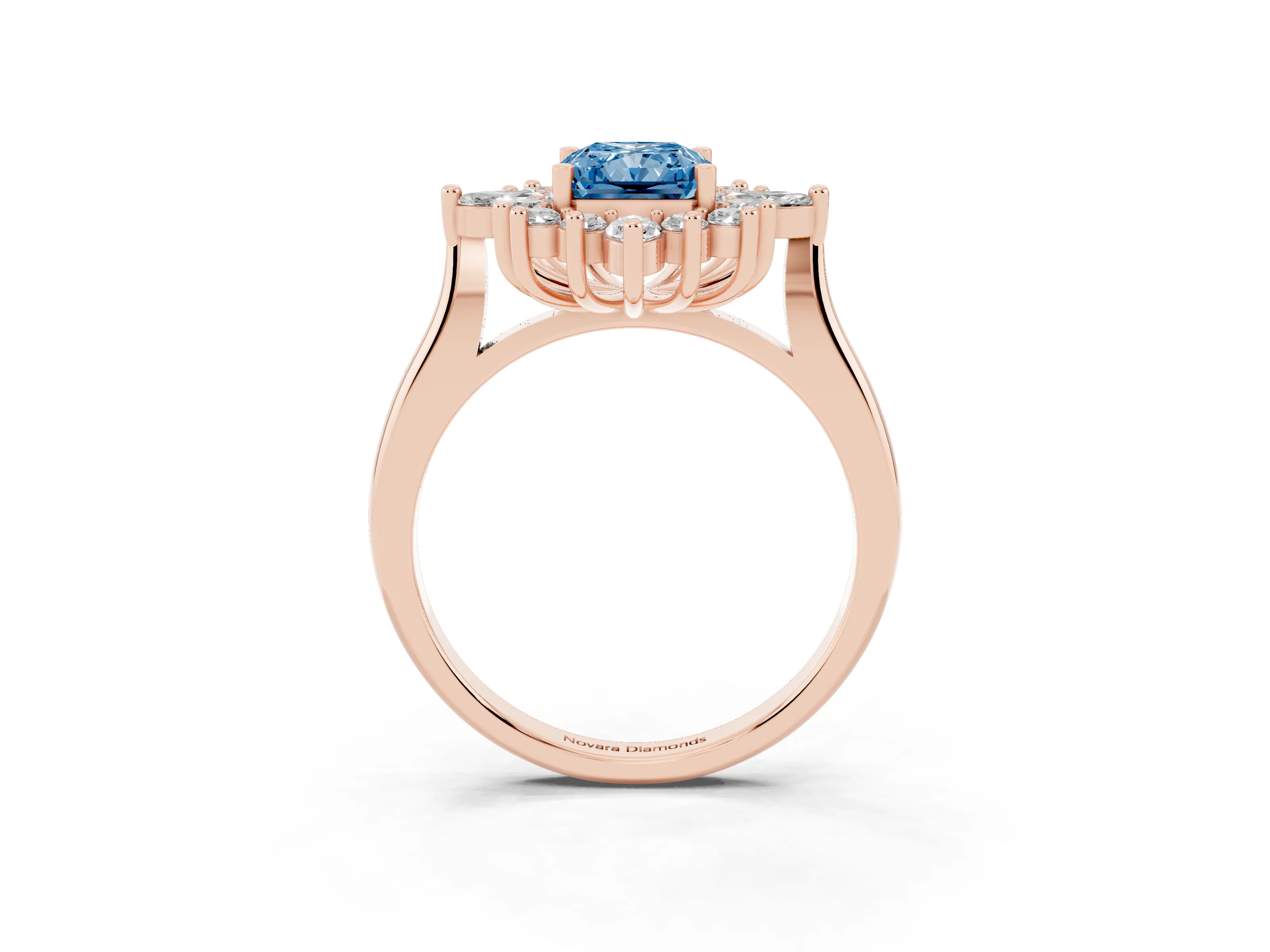 Fancy Blue Radiant Cut Diamond Cluster Halo Ring Set in Rose gold with Marquise and Round Accents
