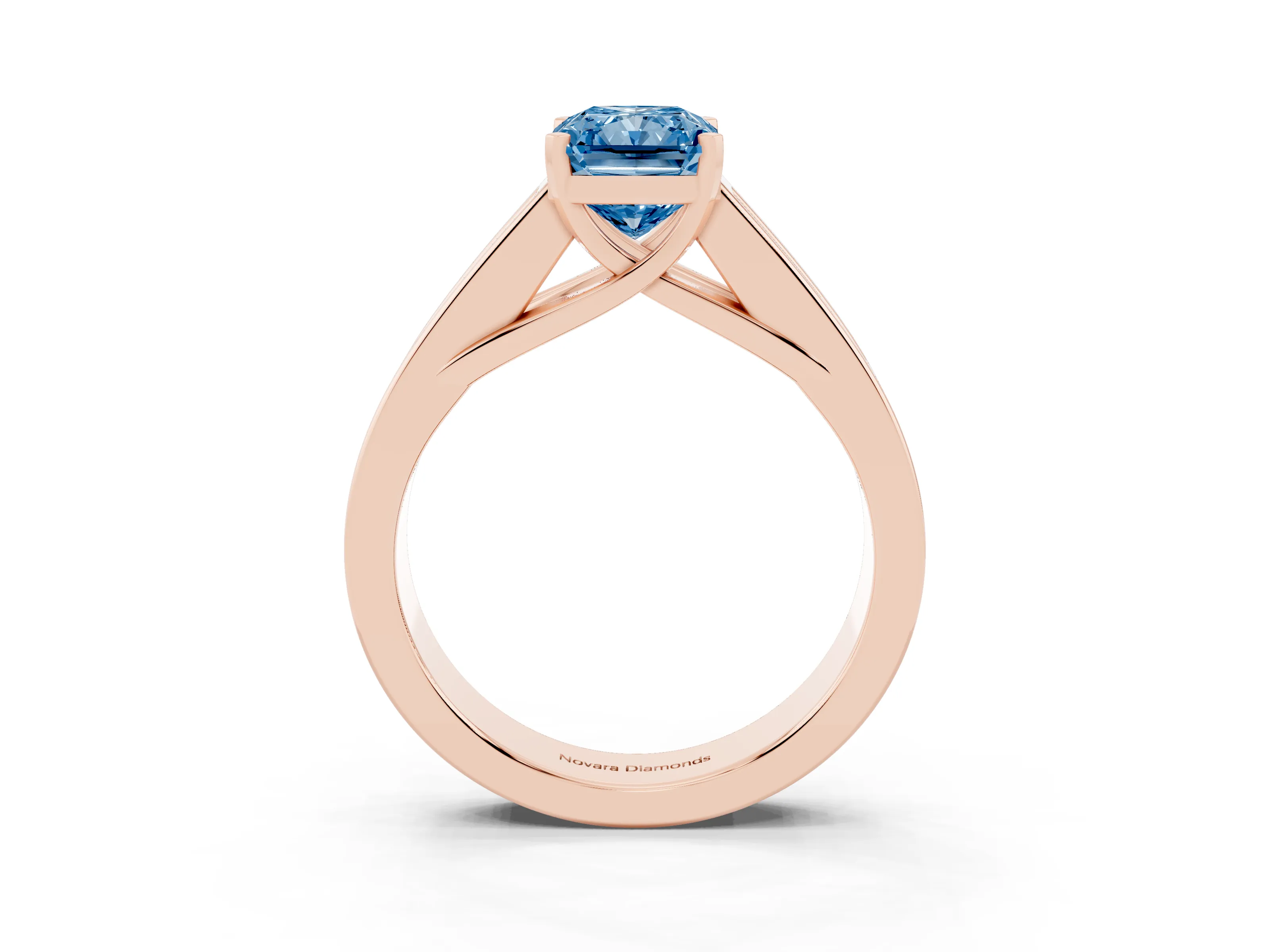 Fancy Blue Radiant Cut Diamond Solitaire Ring Set in Rose gold with Channel-Set Accent Stones and Prong Setting