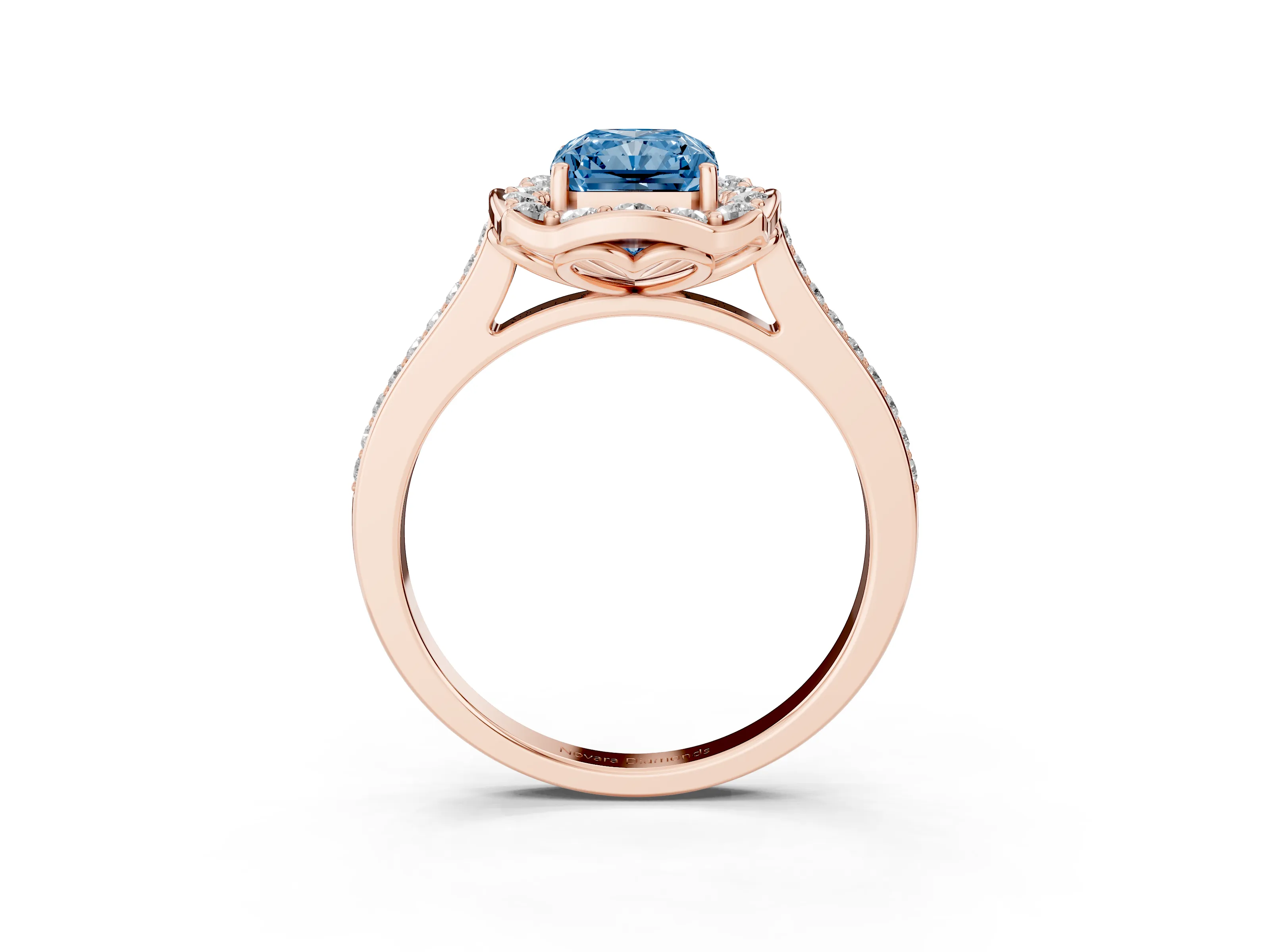 Fancy Blue Radiant Cut Diamond Halo Ring Set in Rose gold with Pavé-Lined Shoulders and Prong Setting