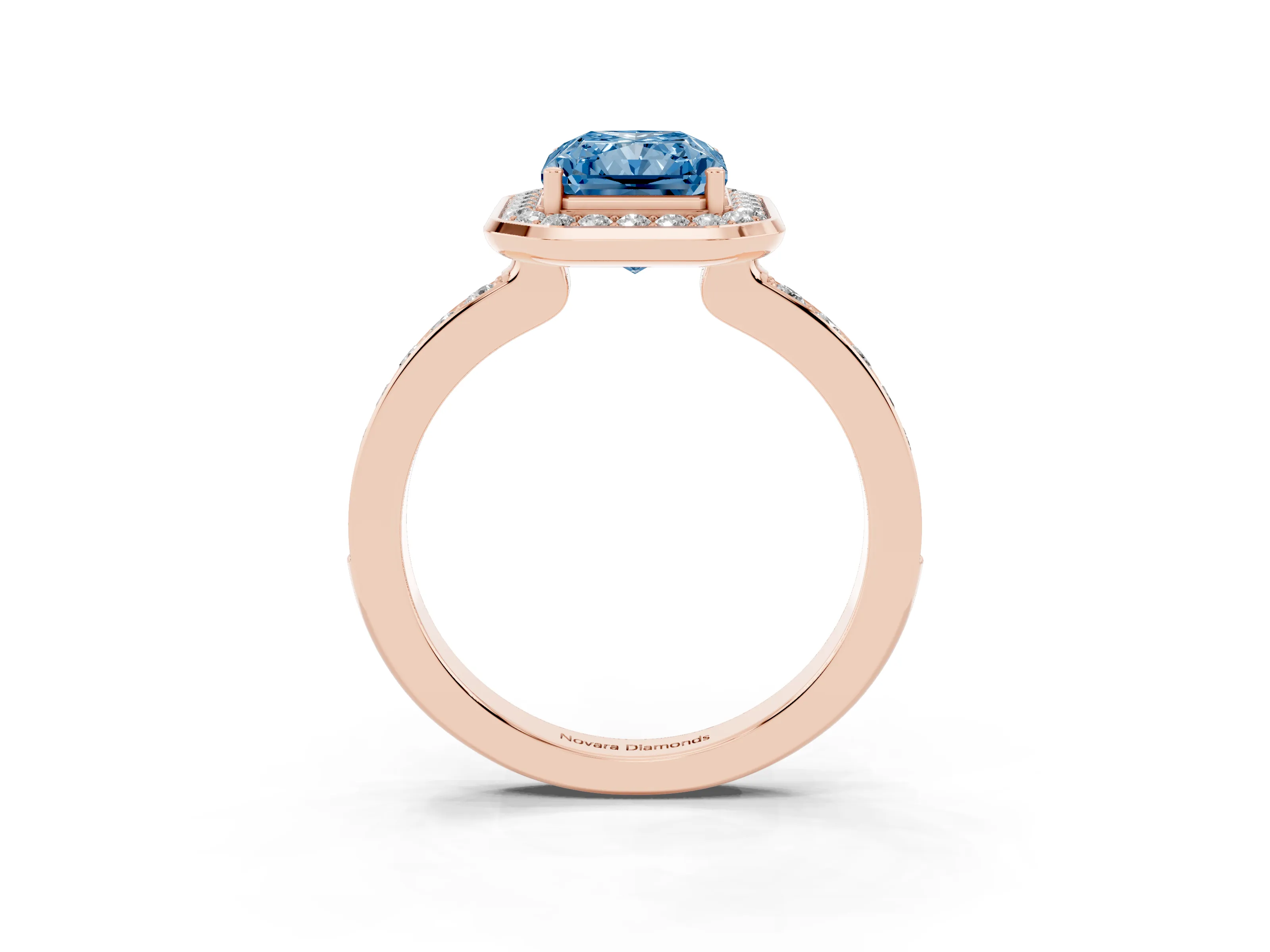 Fancy Blue Radiant Cut Diamond Halo Ring Set in Rose gold with Bezel Frame and Pavé Band