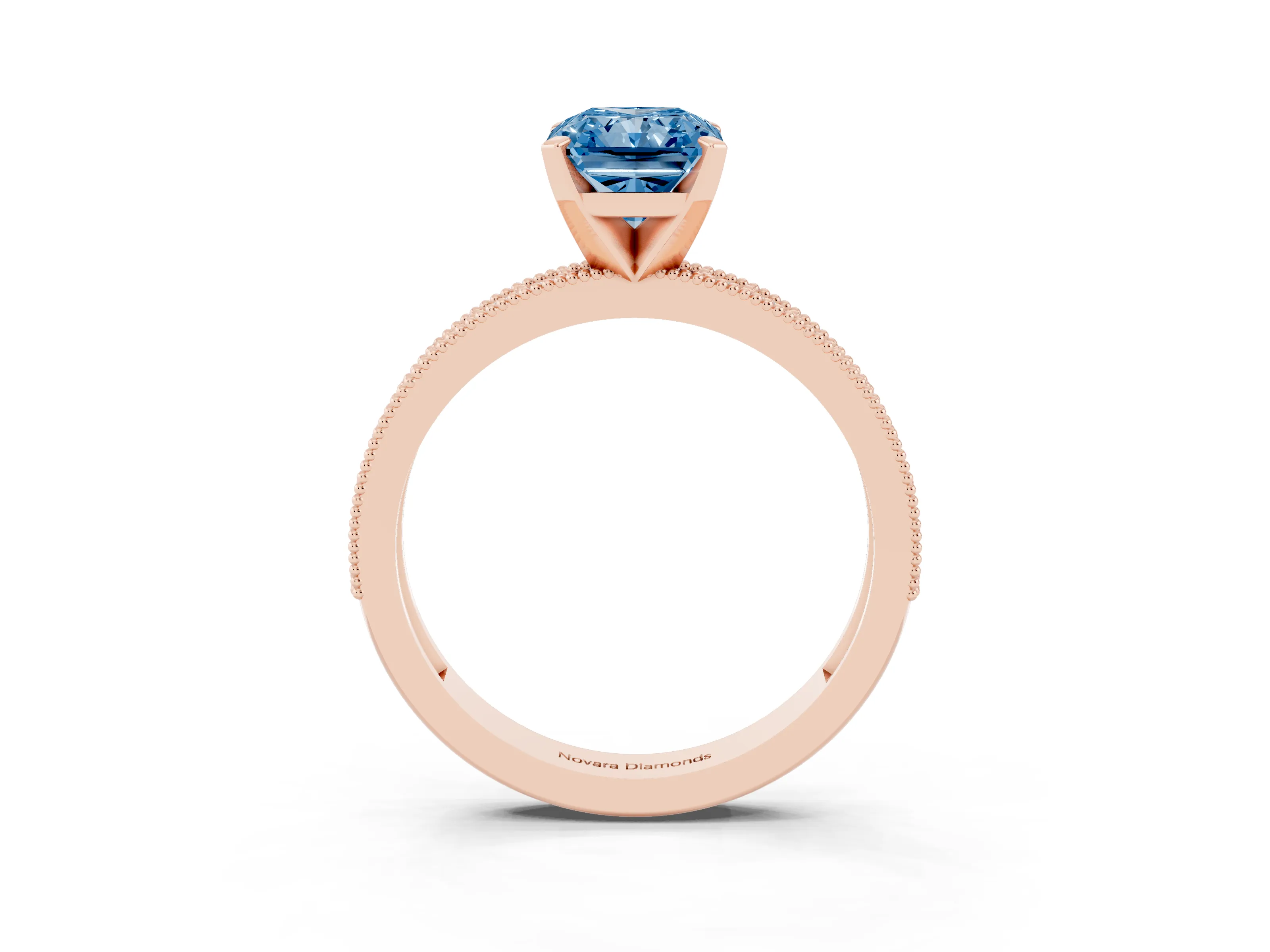 Fancy Blue Radiant Cut Diamond Milgrain Pavé Engagement Ring Set in Rose gold with Prong Setting
