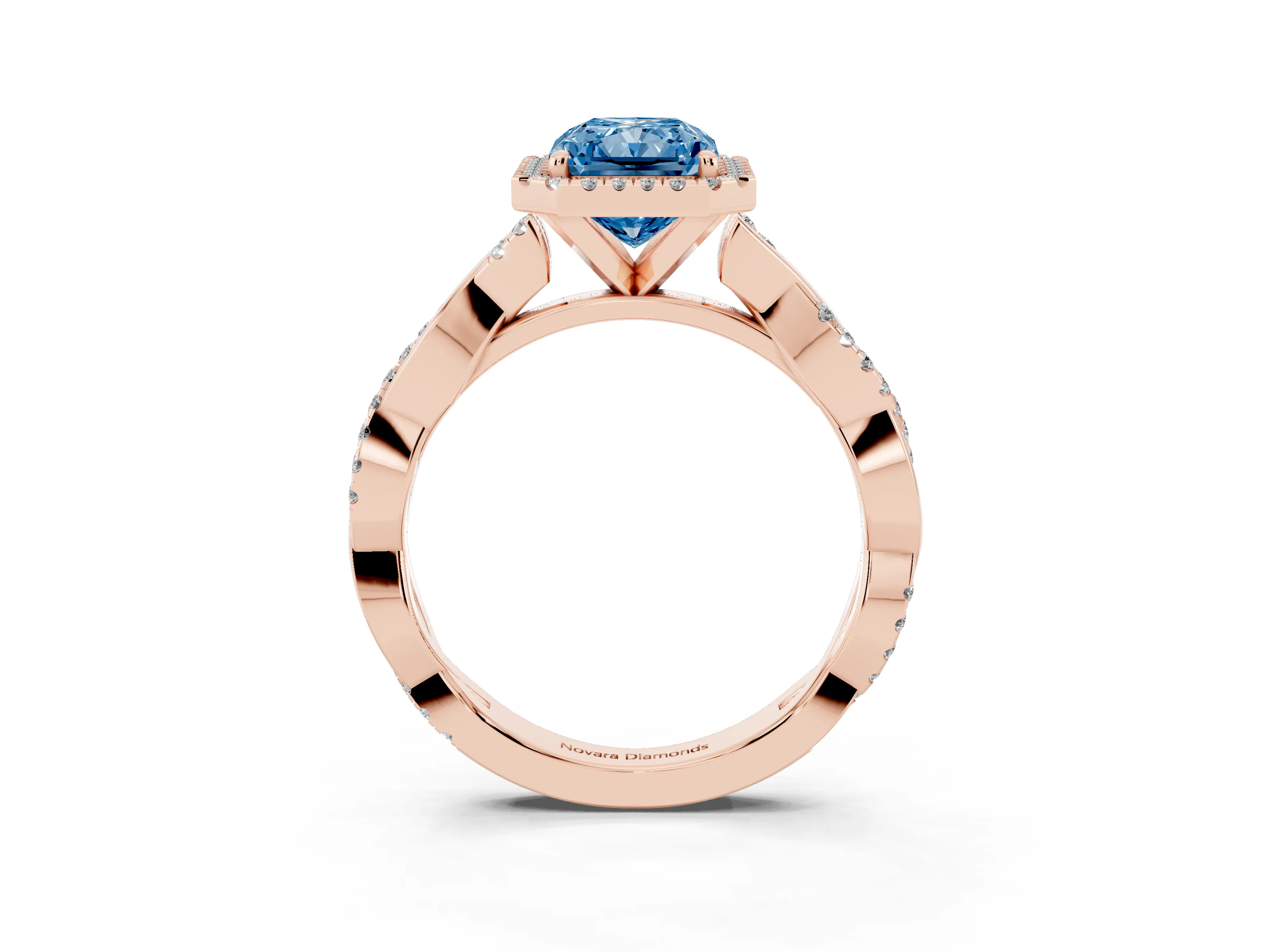 Fancy Blue Radiant Cut Diamond Halo Twisted Band Ring Set in Rose gold with Prong Setting