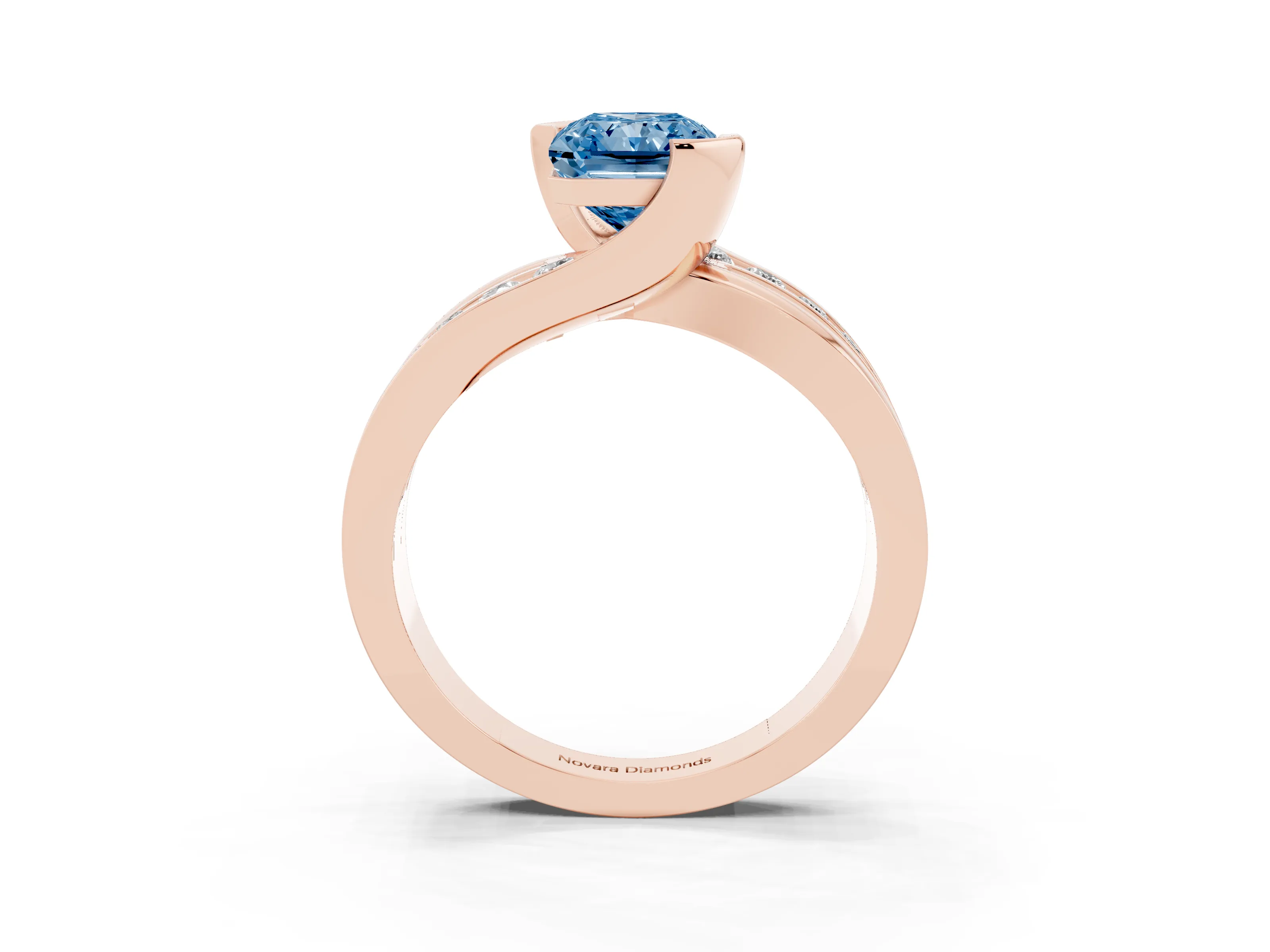 Fancy Blue Radiant Cut Diamond Solitaire Ring Set in Rose gold with Channel Set Split Shank and Tension Prongs