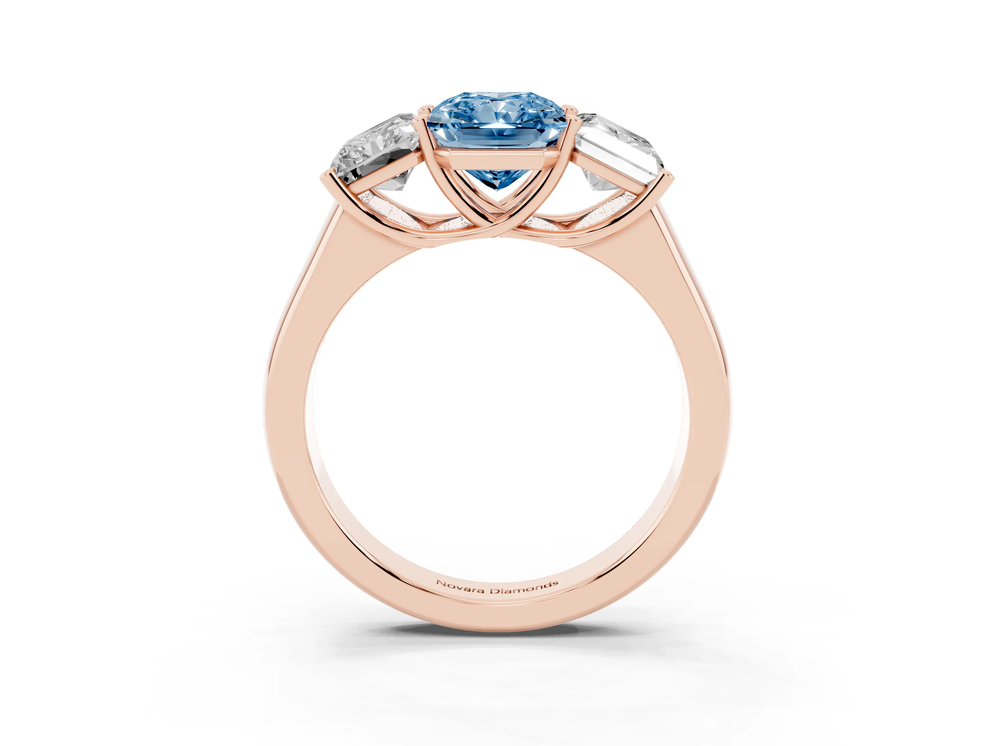 Fancy Blue Radiant Cut Diamond Three-Stone Ring Set in Rose gold with Plain Polished Band