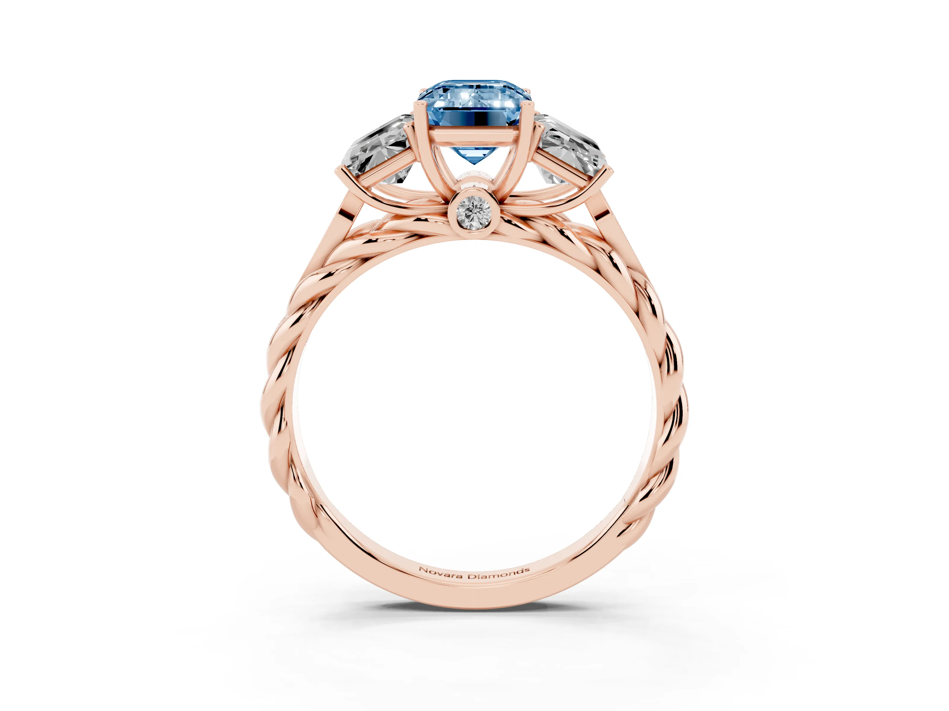 Fancy Blue Radiant Cut Diamond Three-Stone Ring Set in Rose gold with Braided Band