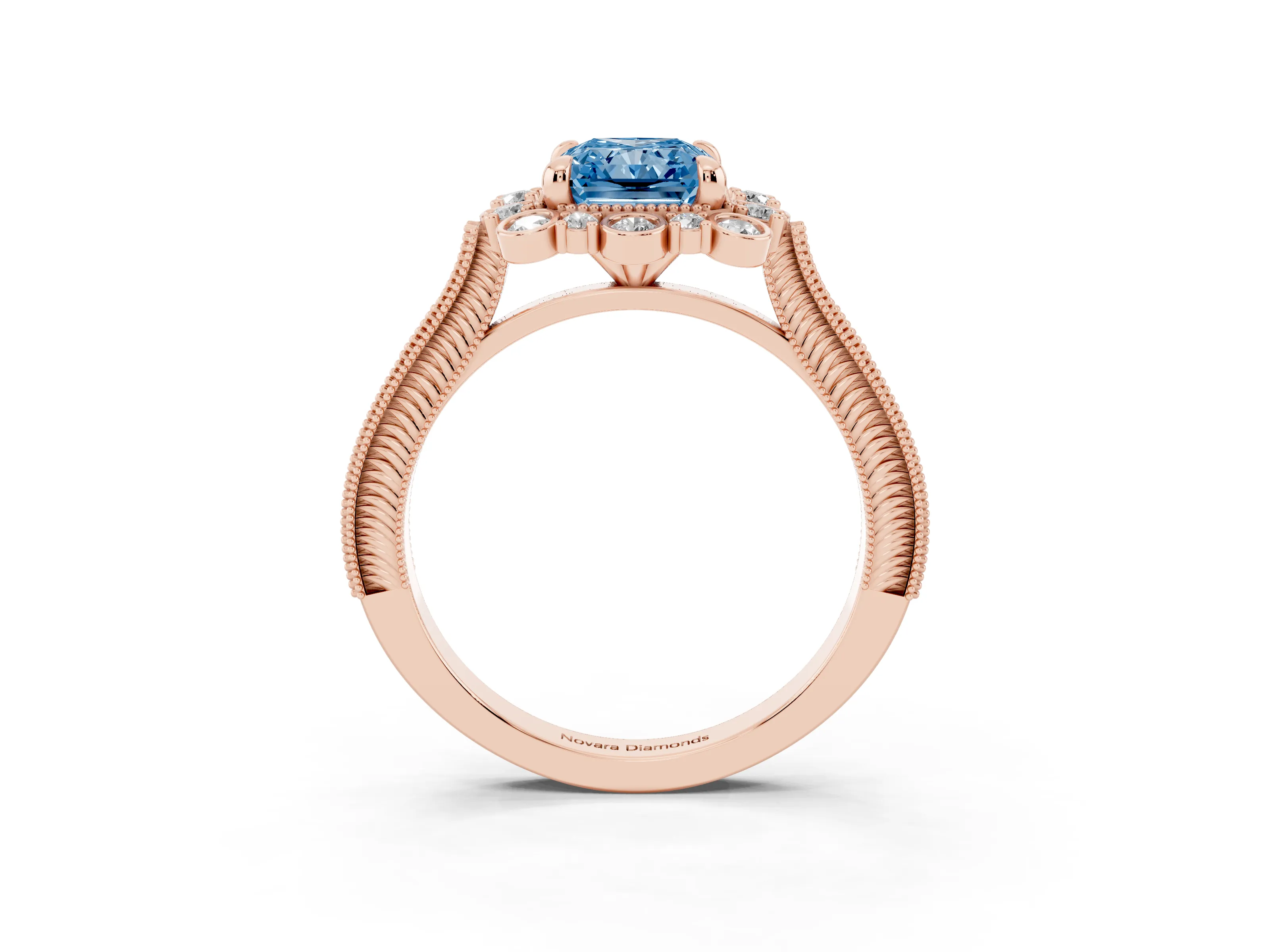 Fancy Blue Radiant Cut Diamond Halo Milgrain Pavé Ring Set in Rose gold with Prong Setting