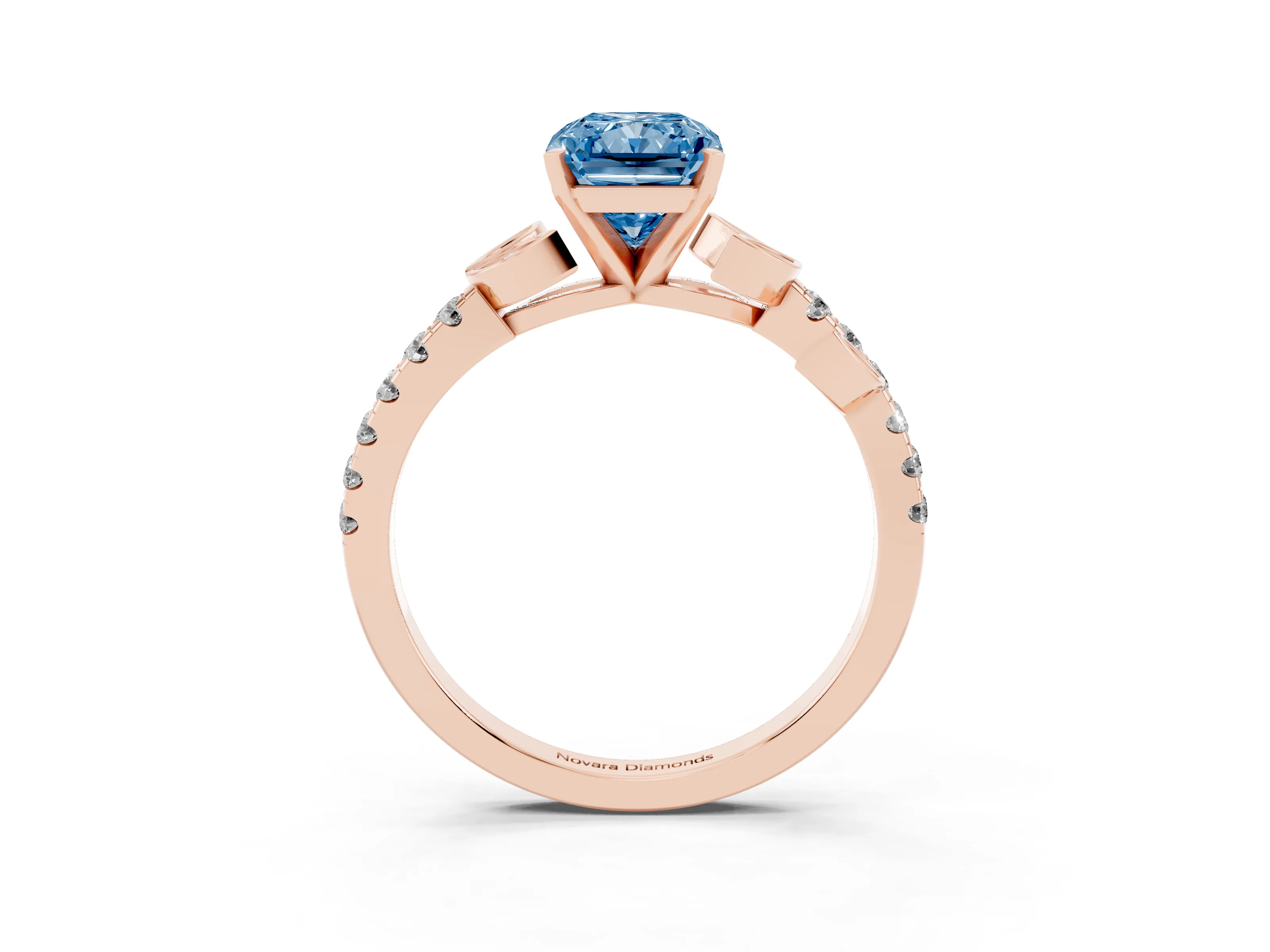 Fancy Blue Radiant Cut Diamond Solitaire Leaf-Inspired Ring Set in Rose gold with Pavé Band and Prong Setting