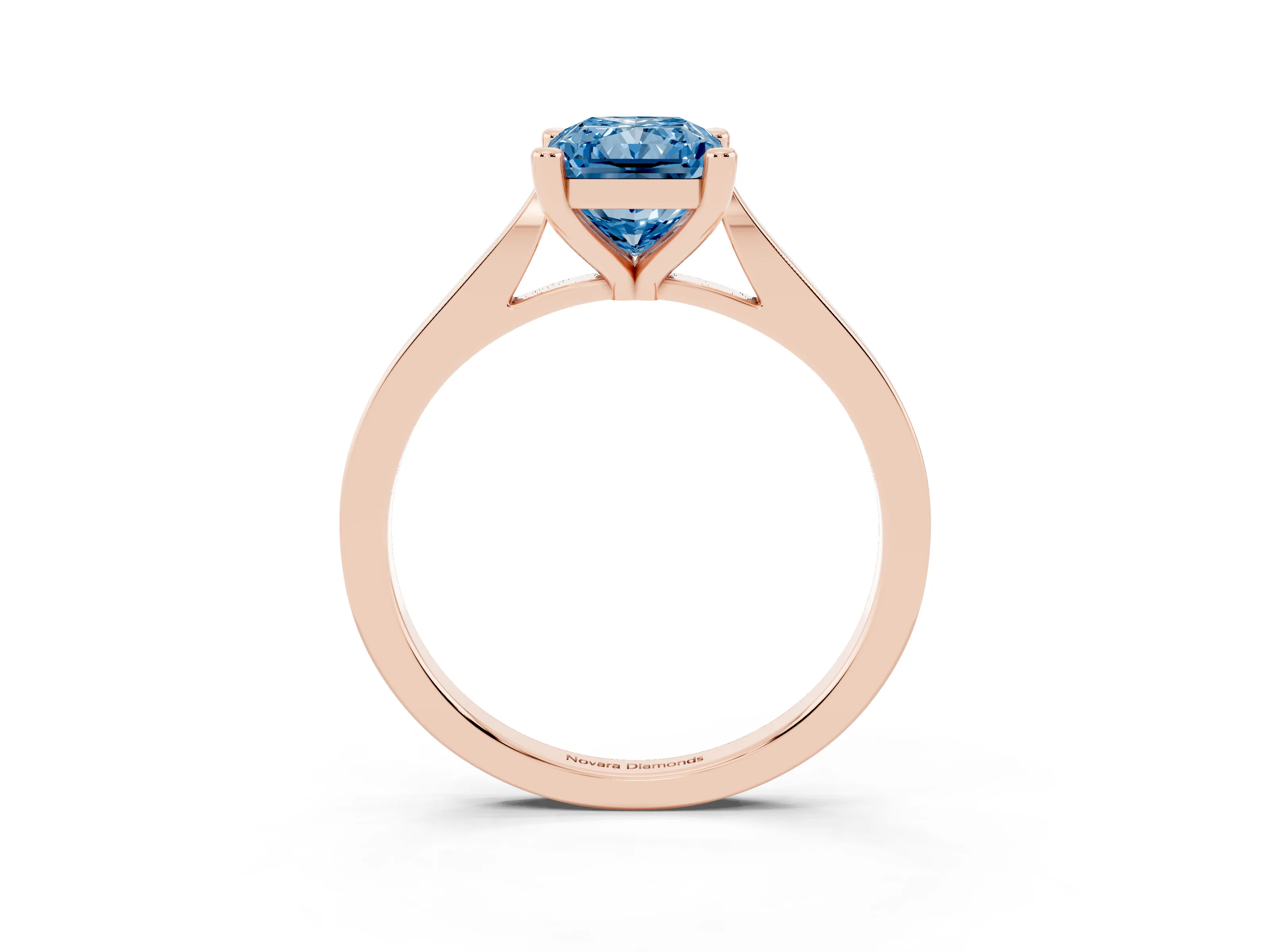 Fancy Blue Radiant Cut Diamond Solitaire Ring Set in Rose gold with Prong Setting and Tapered Band