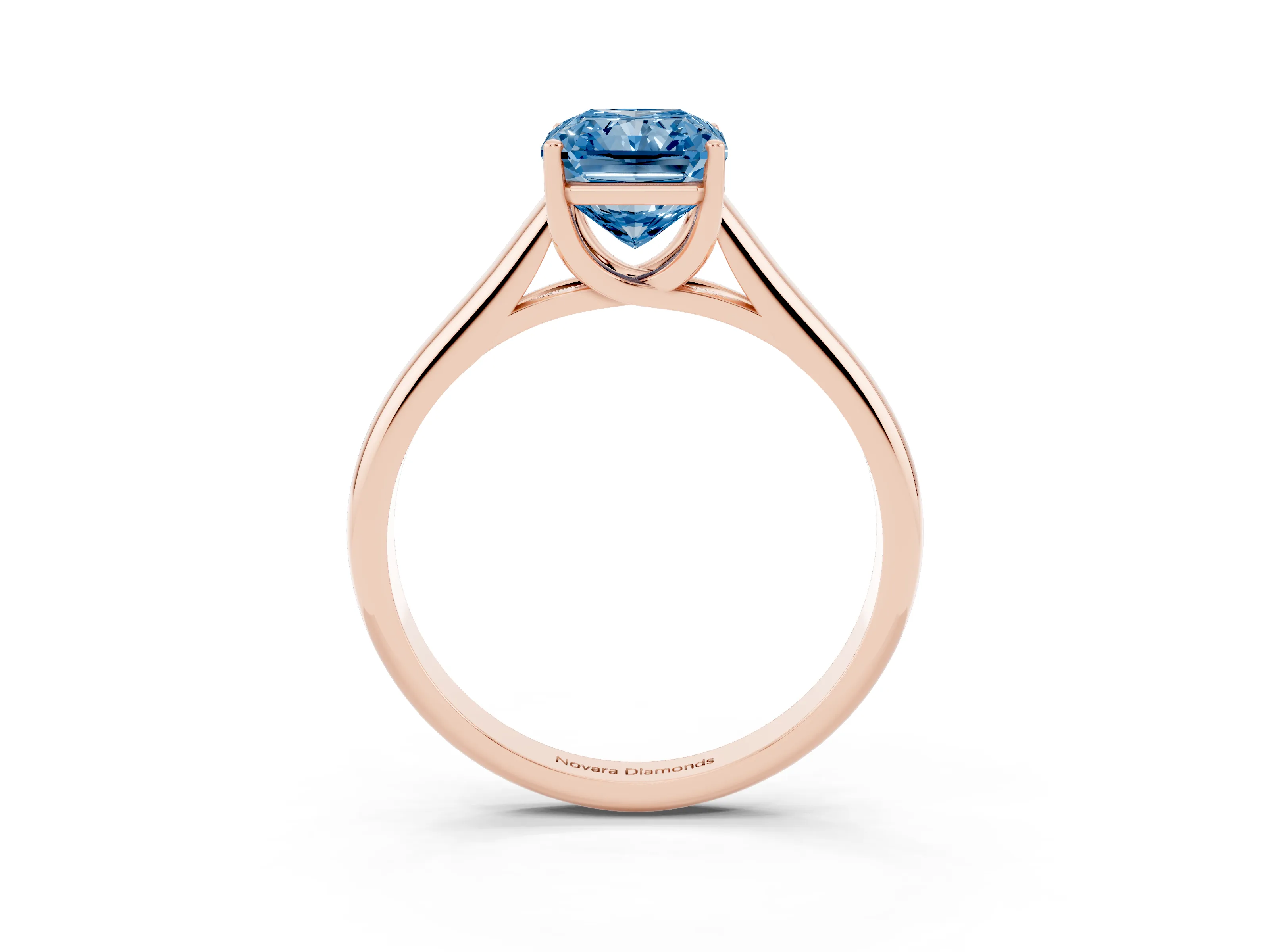 Fancy Blue Radiant Cut Diamond Solitaire Engagement Ring Set in Rose gold with Subtly Tapered Band and Prong Setting