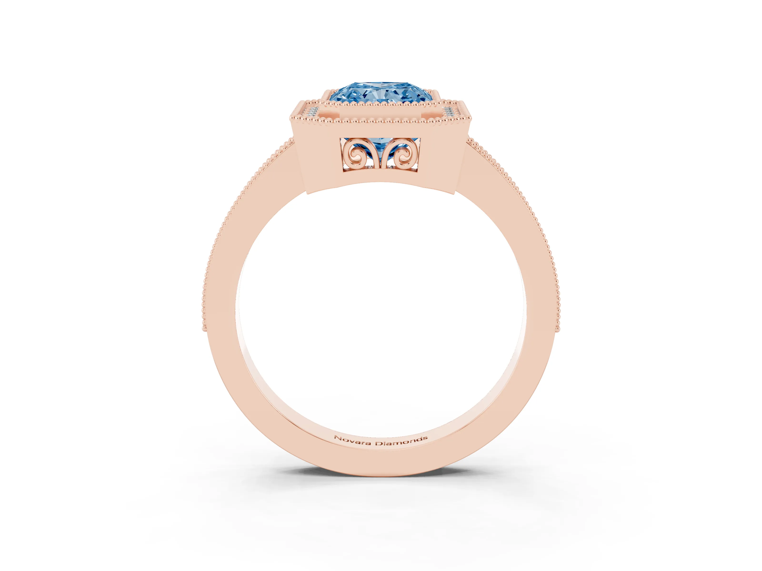 Fancy Blue Radiant Cut Diamond Halo Ring Set in Rose gold with Pavé Band and Milgrain-Edged Prongs