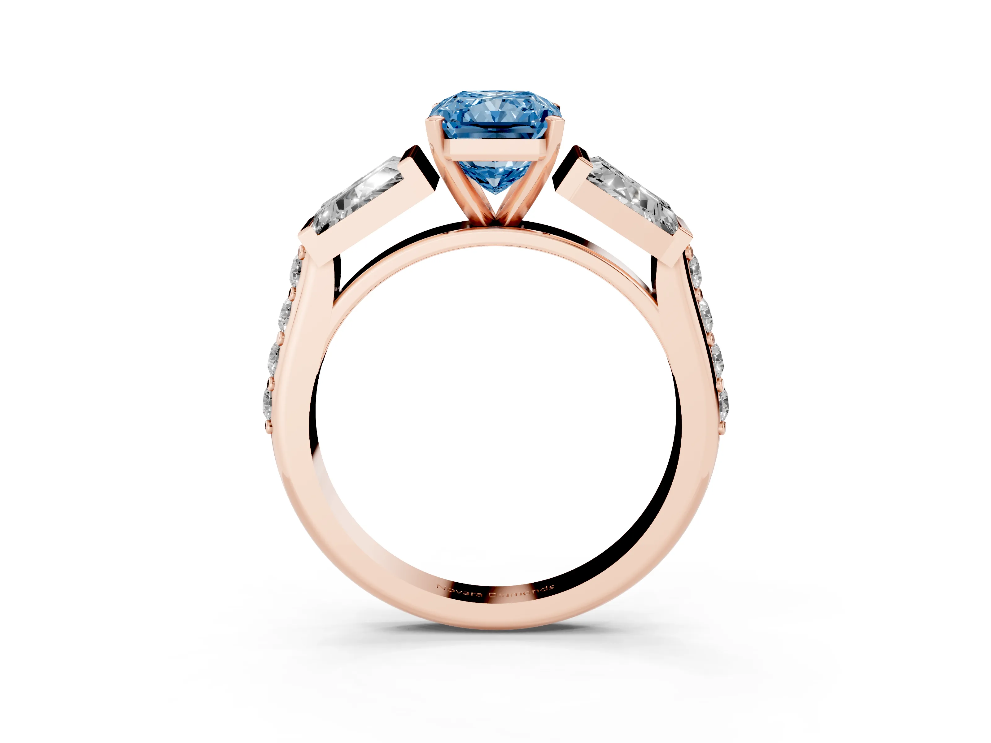 Fancy Blue Radiant Cut Diamond Engagement Ring Set in Rose gold with Baguette Side Stones and Channel Set Band