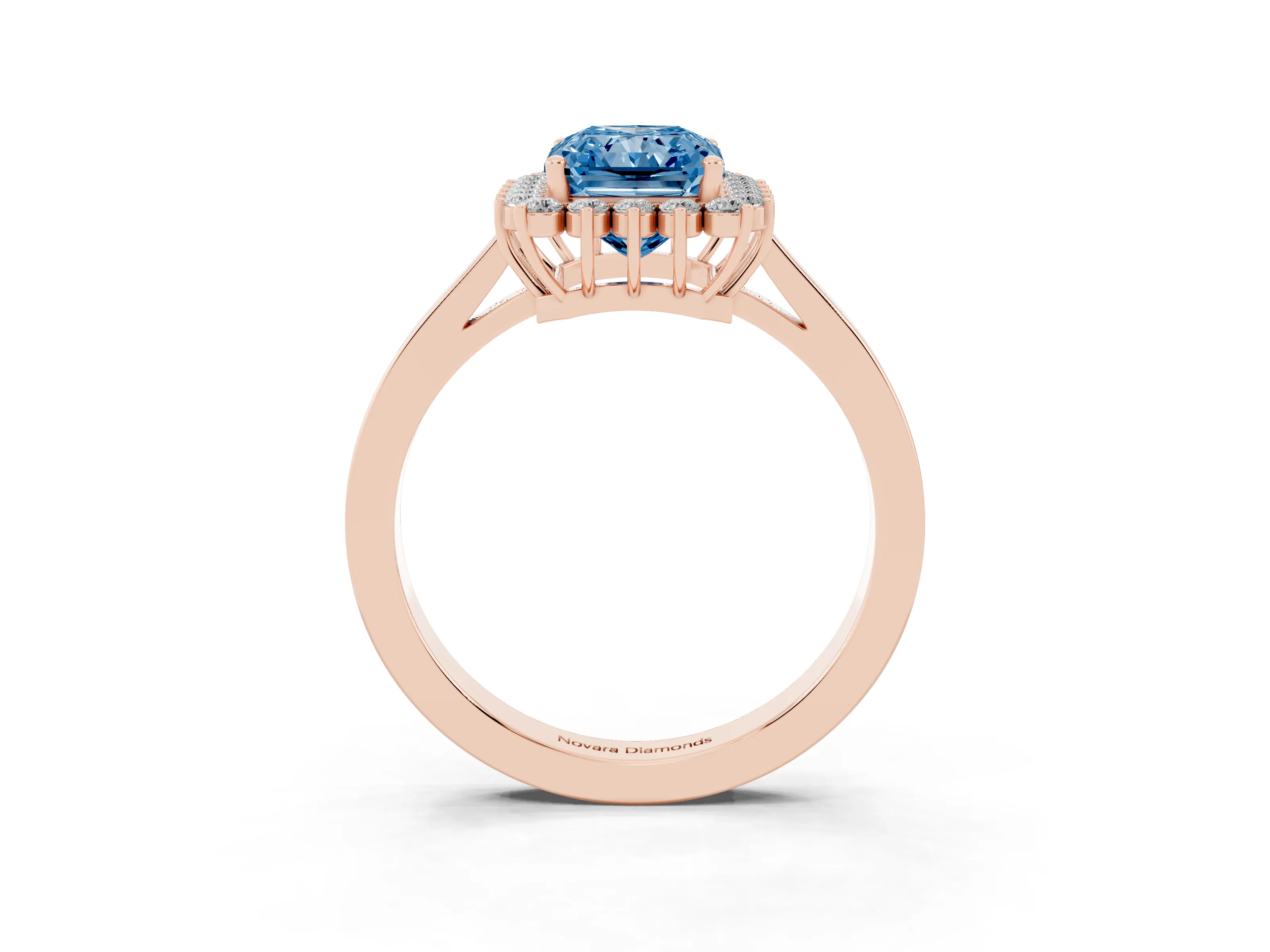 Fancy Blue Radiant Cut Diamond Halo Ring Set in Rose gold with Round Halo and Smooth Solitaire Band