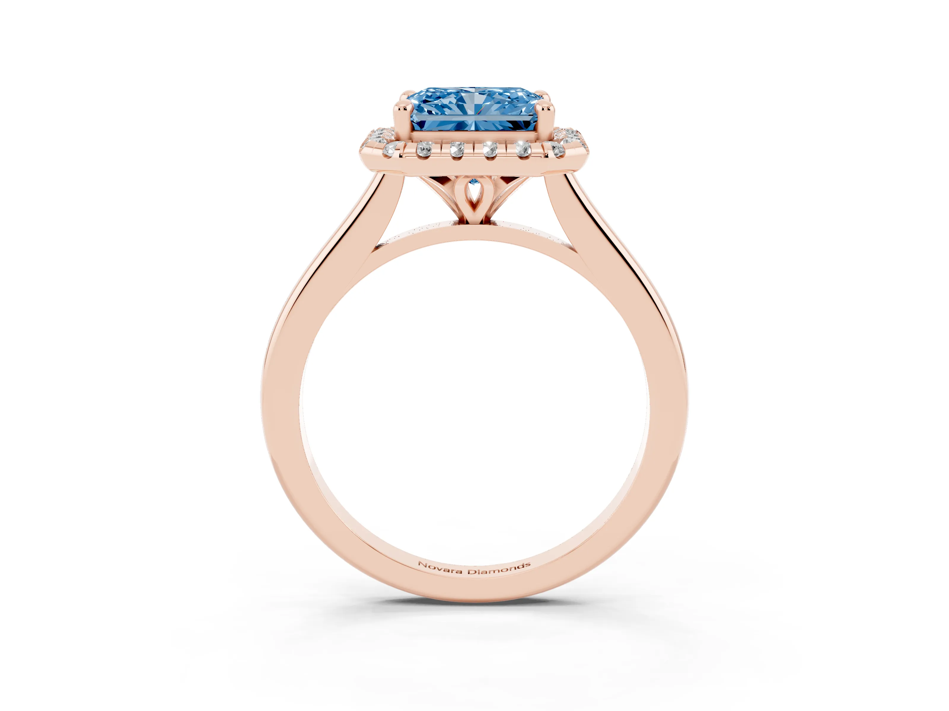 Fancy Blue Radiant Cut Diamond Halo Engagement Ring Set in Rose gold with Pavé Band and Rising Shoulders