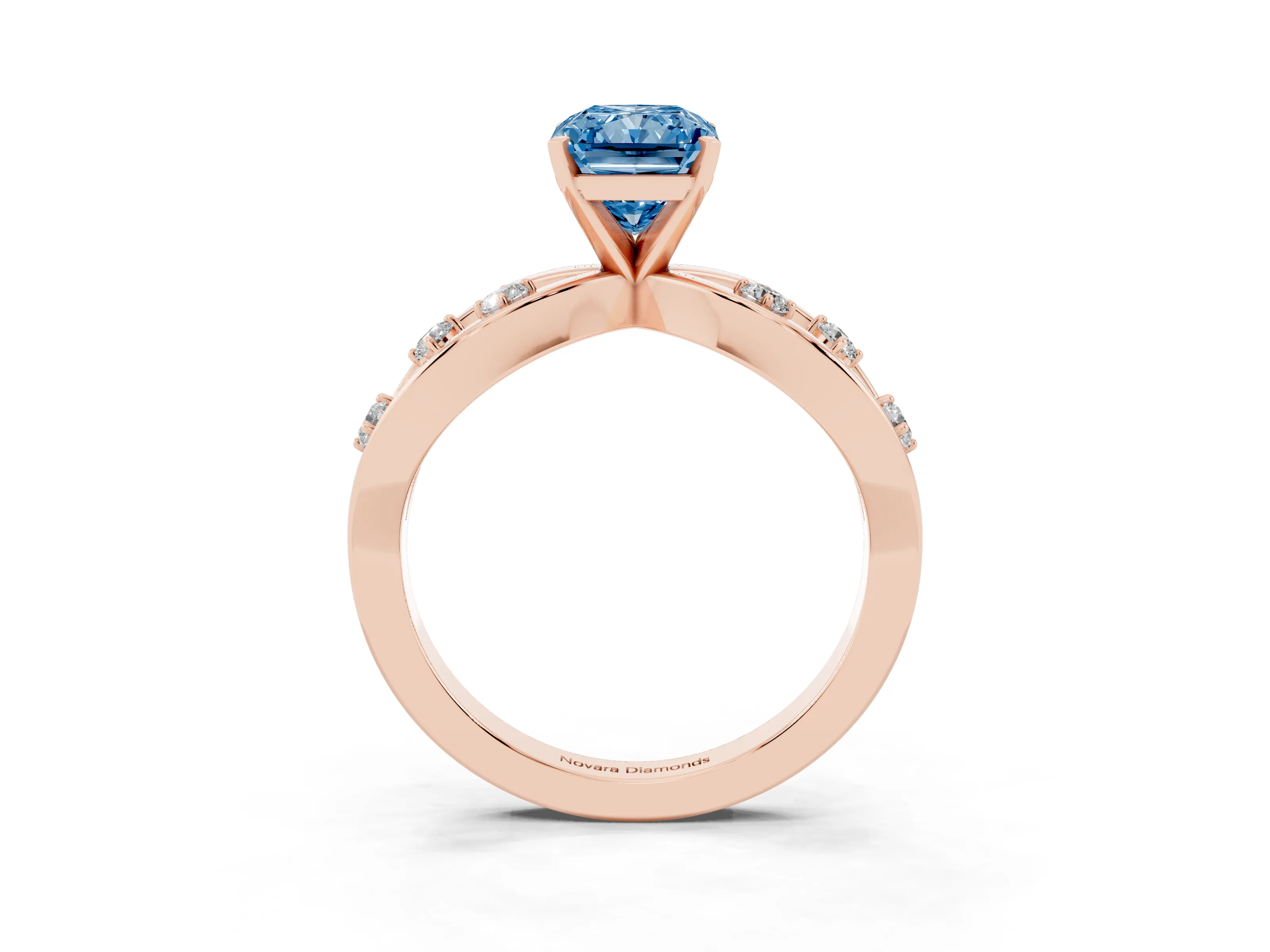 Fancy Blue Radiant Cut Diamond Solitaire Ring Set in Rose gold with Side Stones on Criss-Cross Band and Prong Setting