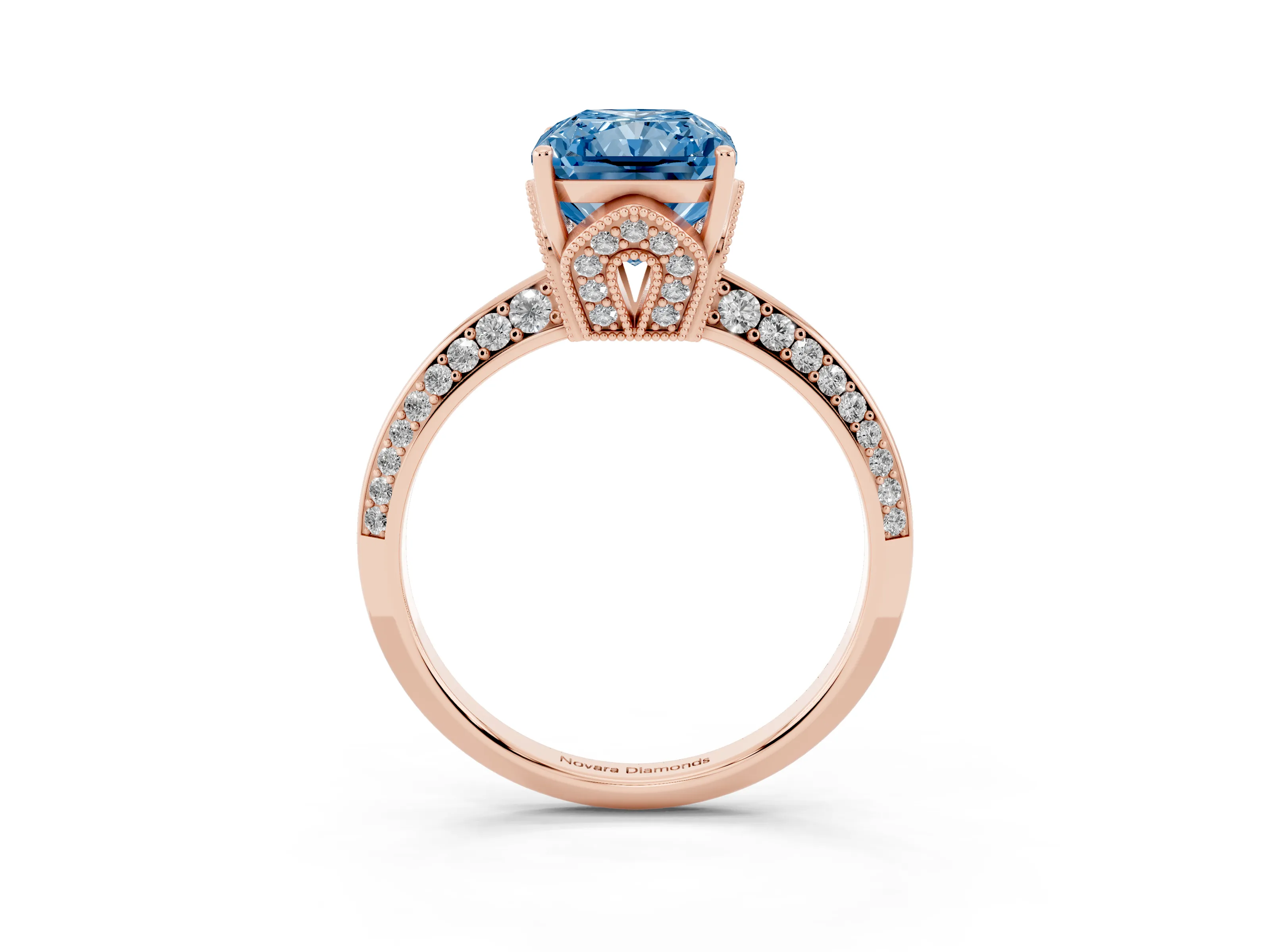 Fancy Blue Radiant Cut Diamond Solitaire Engagement Ring Set in Rose gold with Pavé Split Shank and Prong Setting