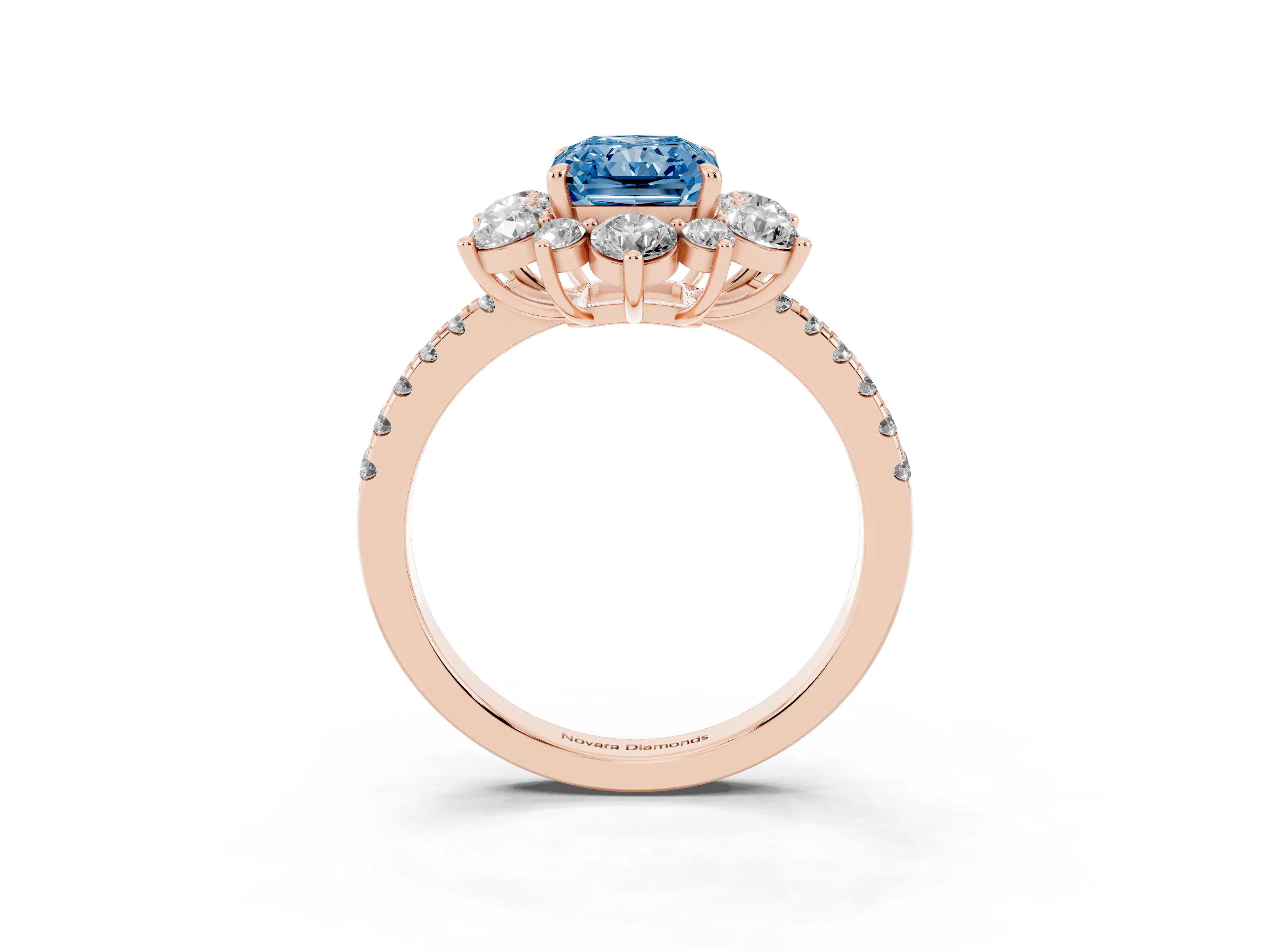 Fancy Blue Radiant Cut Diamond Floral Halo Ring Set in Rose gold with Round Pavé Band and Prong Setting