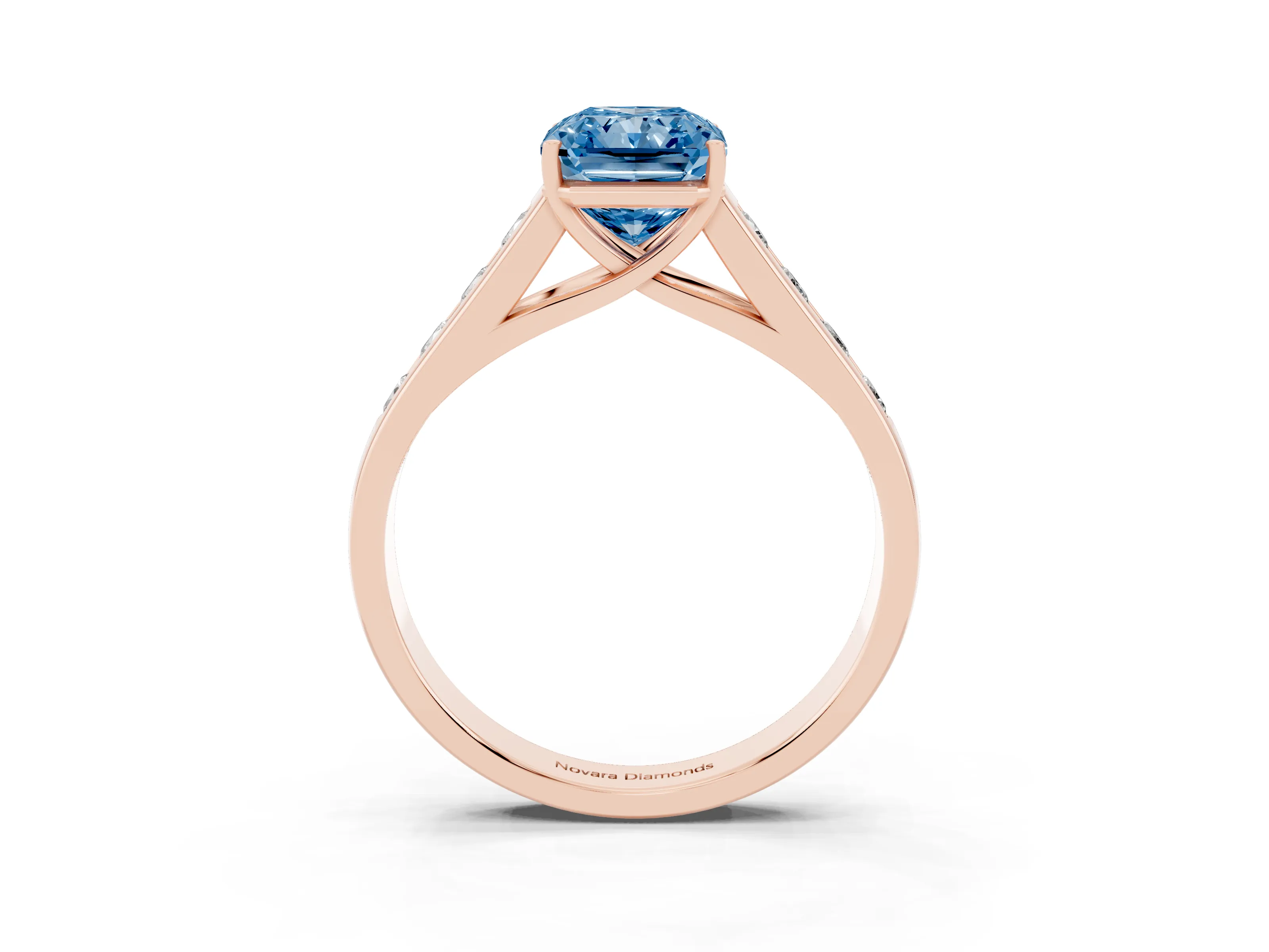 Fancy Blue Radiant Cut Diamond Brilliant Channel-Set Solitaire Ring Set in Rose gold with Prong Setting