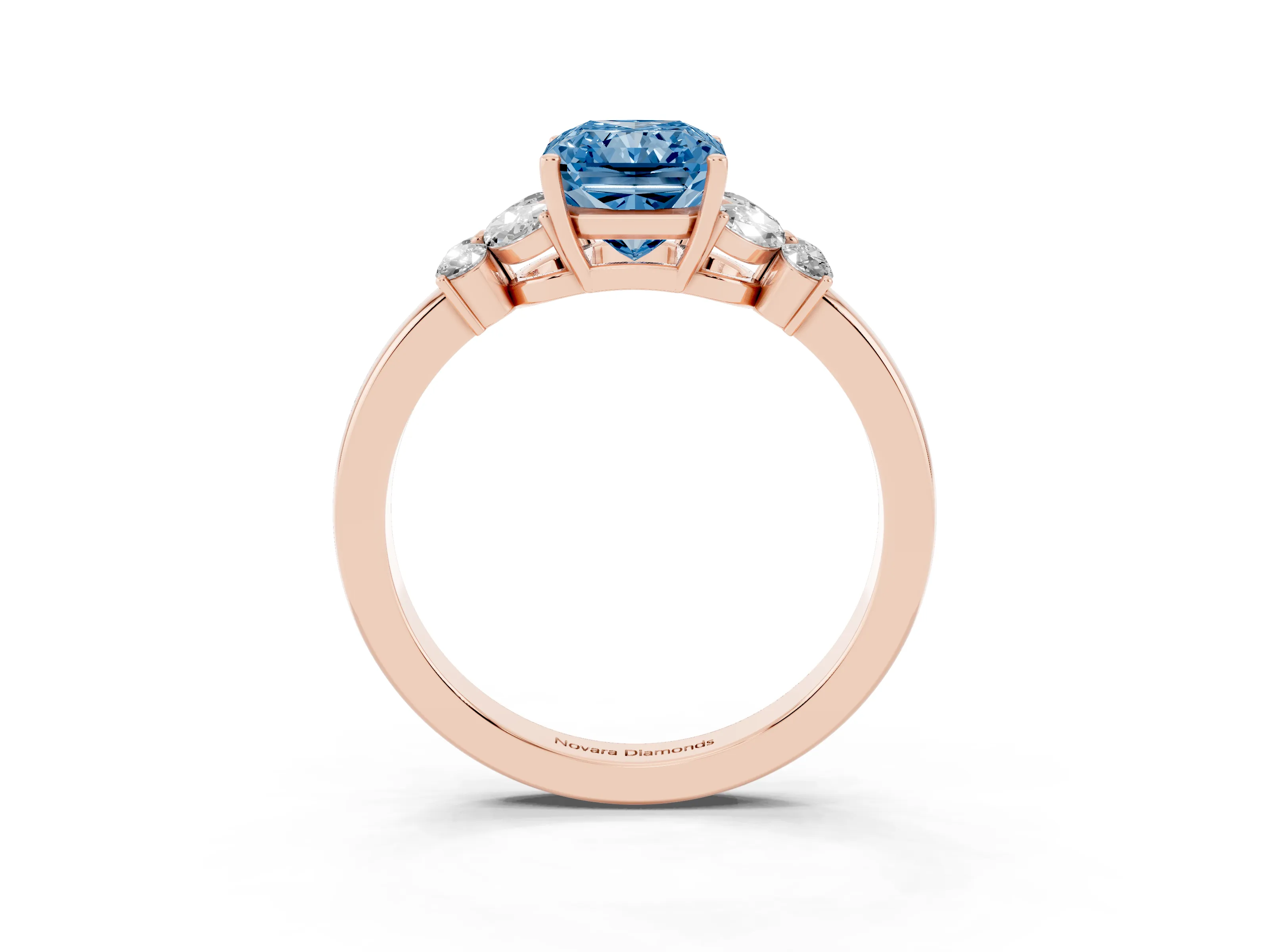 Fancy Blue Radiant Cut Diamond Solitaire Floral Ring Set in Rose gold with Marquise Petals and Prong Setting