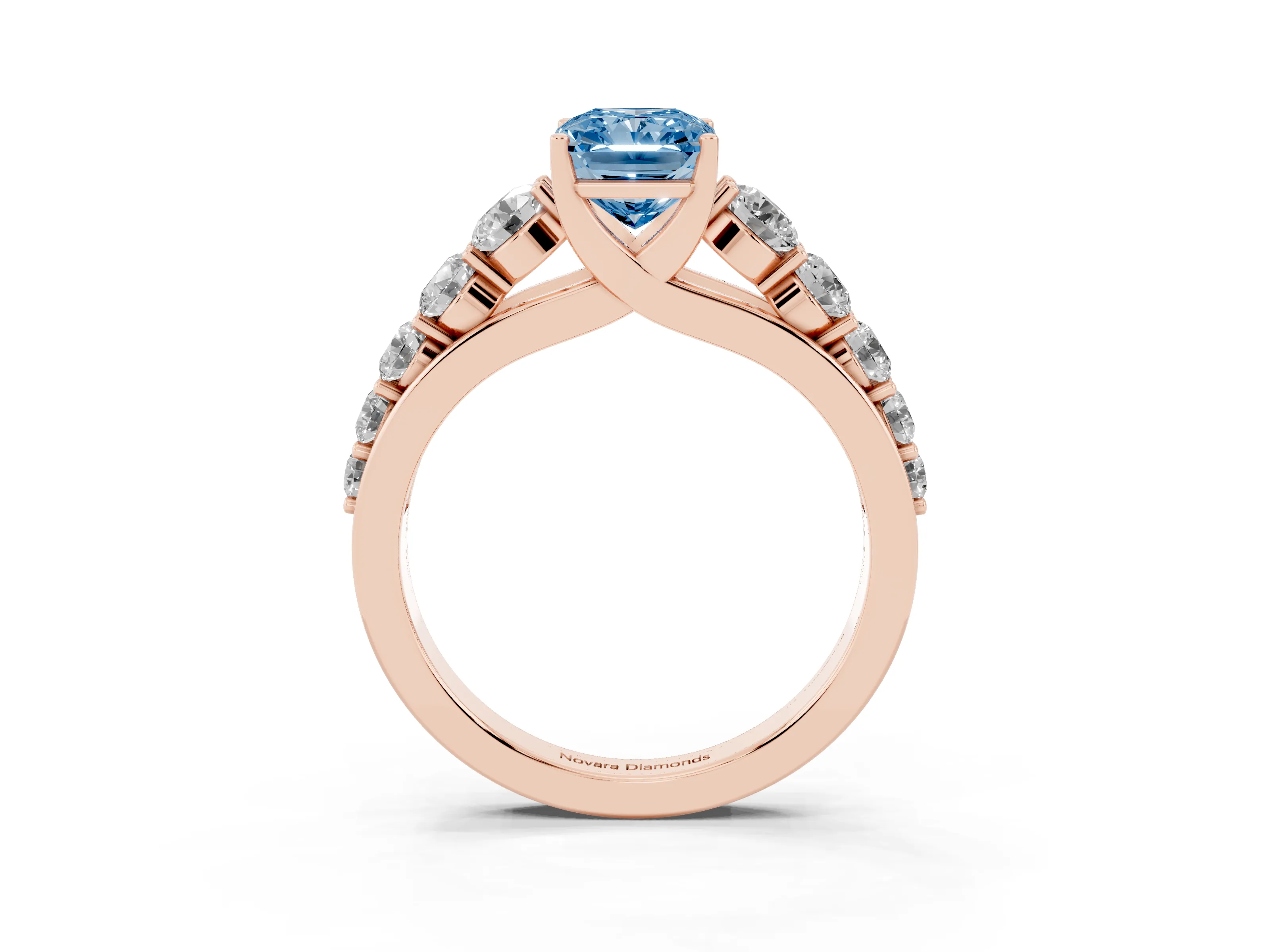 Fancy Blue Radiant Cut Diamond Solitaire Ring Set in Rose gold with Pavé-Set Band and Prong Setting