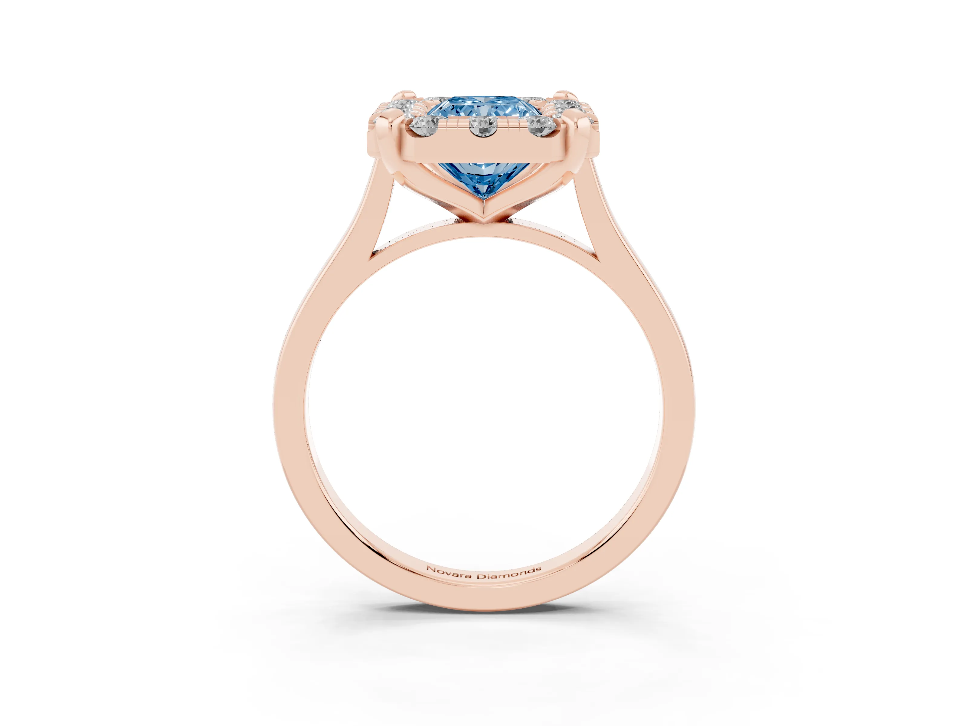 Fancy Blue Radiant Cut Diamond Cluster Halo Solitaire Ring Set in Rose gold with Prong Setting