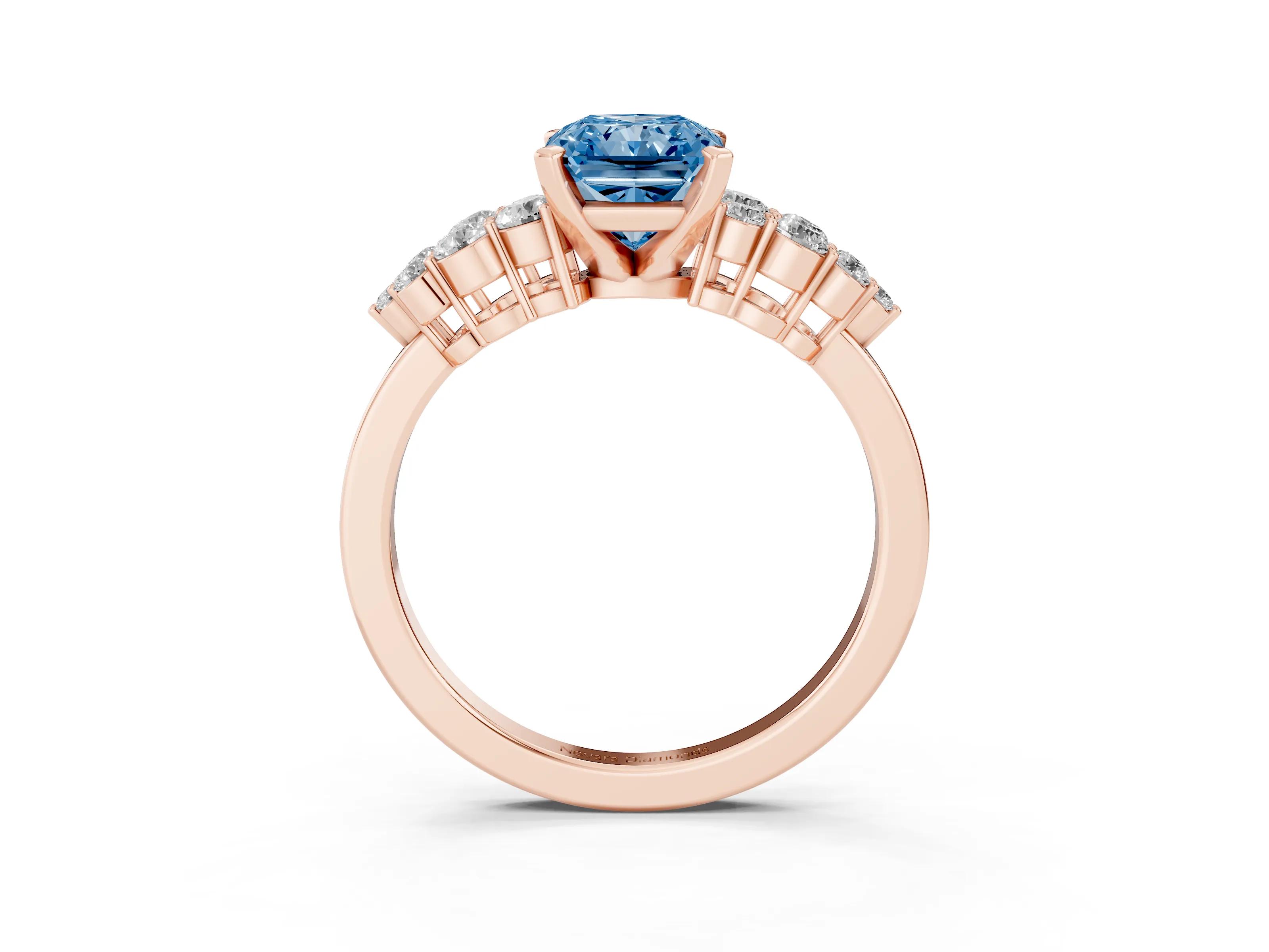 Fancy Blue Radiant Cut Diamond Cluster Engagement Ring Set in Rose gold with Pavé Band and Prong Setting
