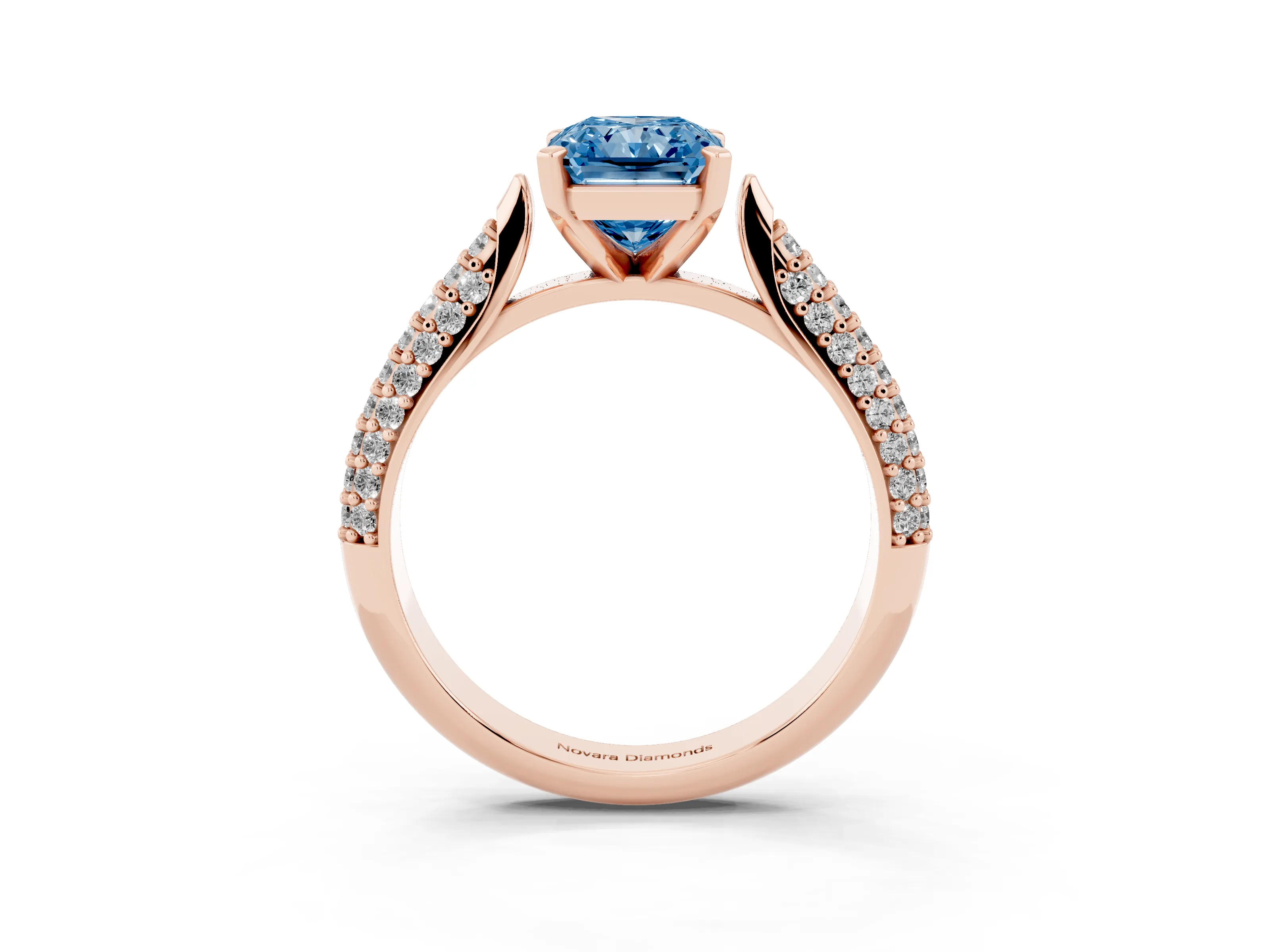 Fancy Blue Radiant Cut Diamond Solitaire Engagement Ring Set in Rose gold with Multi-Row Round Pavé Band and Prong Setting