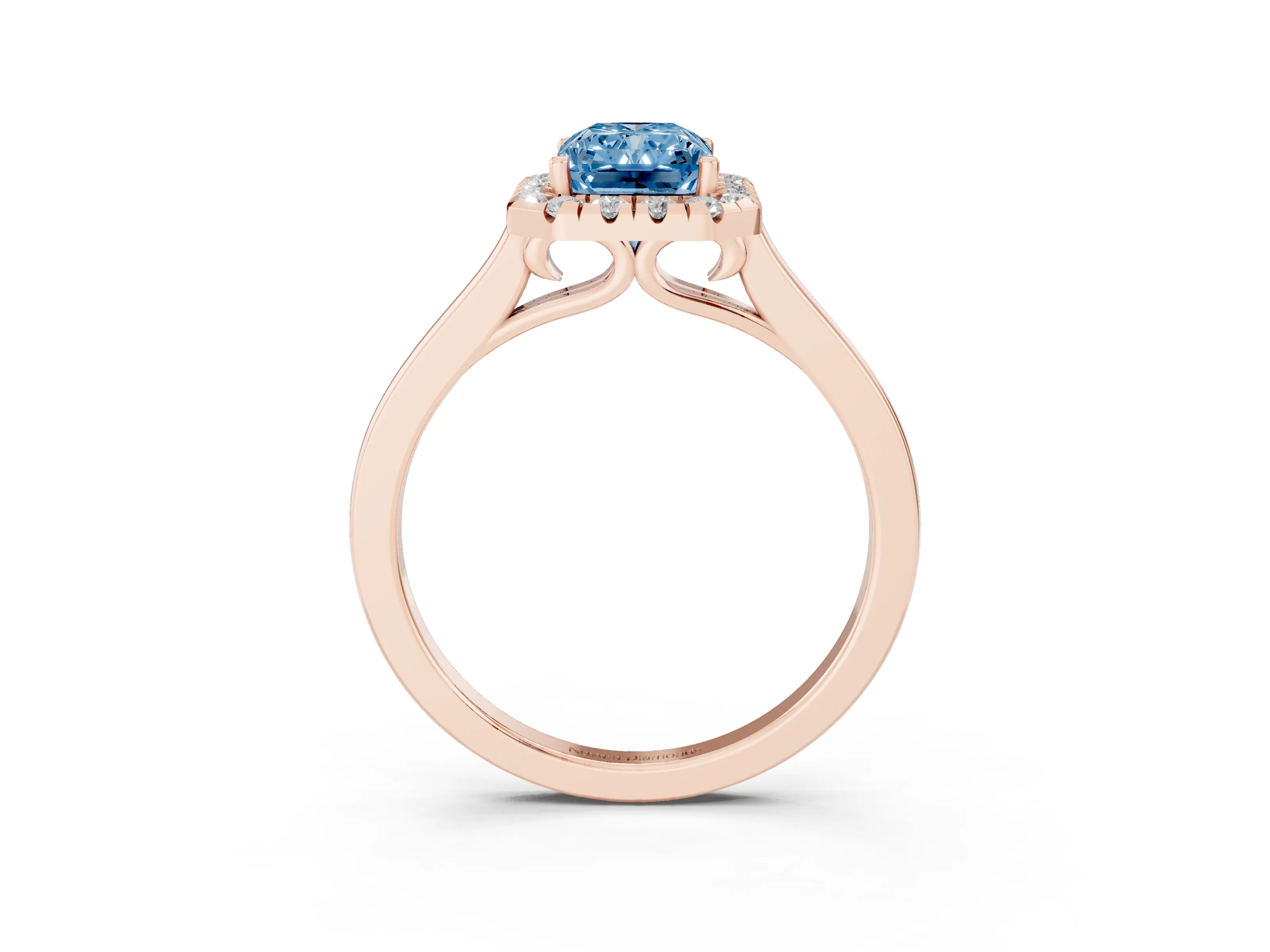 Fancy Blue Radiant Cut Halo Round Diamond Solitaire Ring Set in Rose gold with Pavé Band and Prong Setting
