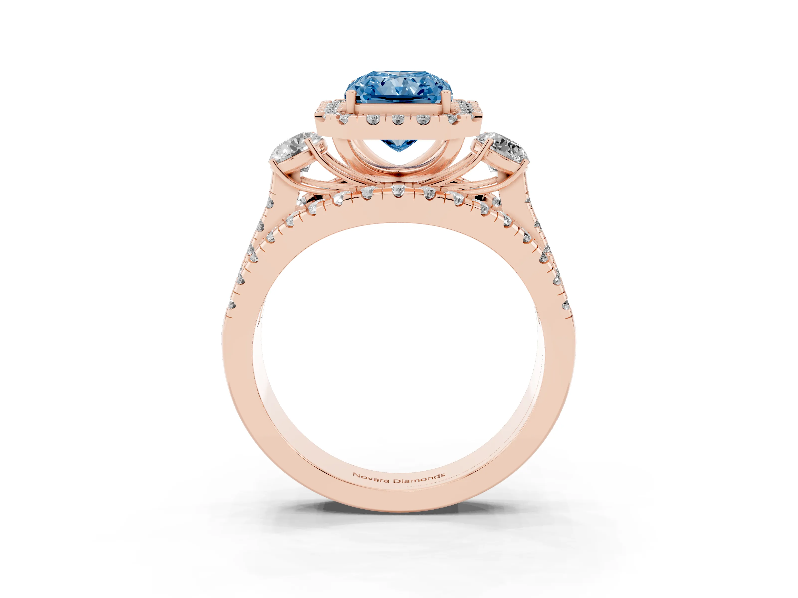 Fancy Blue Radiant Cut Diamond Halo Split Shank Ring Set in Rose gold with Round Accent Stones and Prong Setting