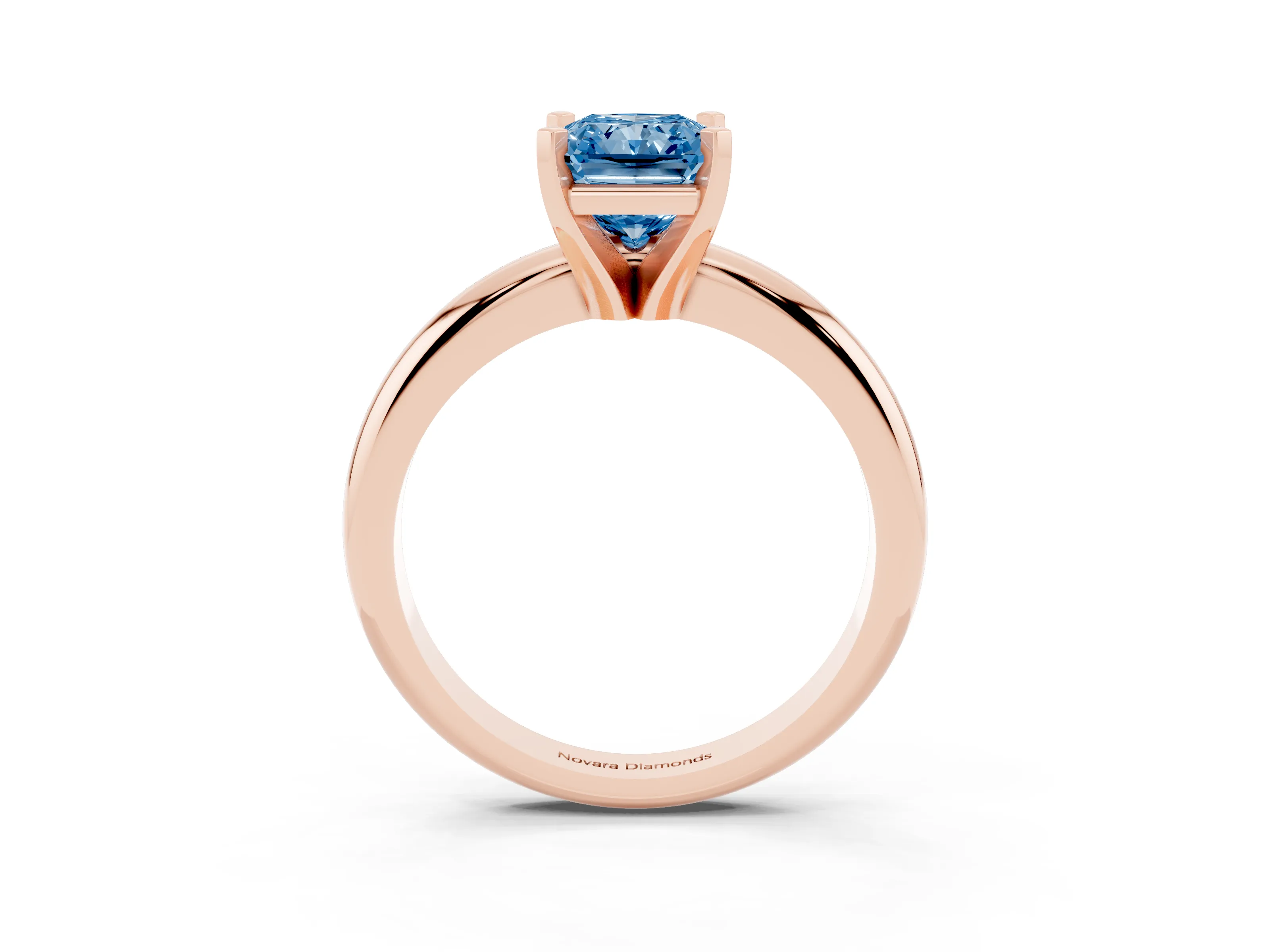Fancy Blue Radiant Cut Diamond Solitaire Engagement Ring Set in Rose gold with Round Band and Prong Setting