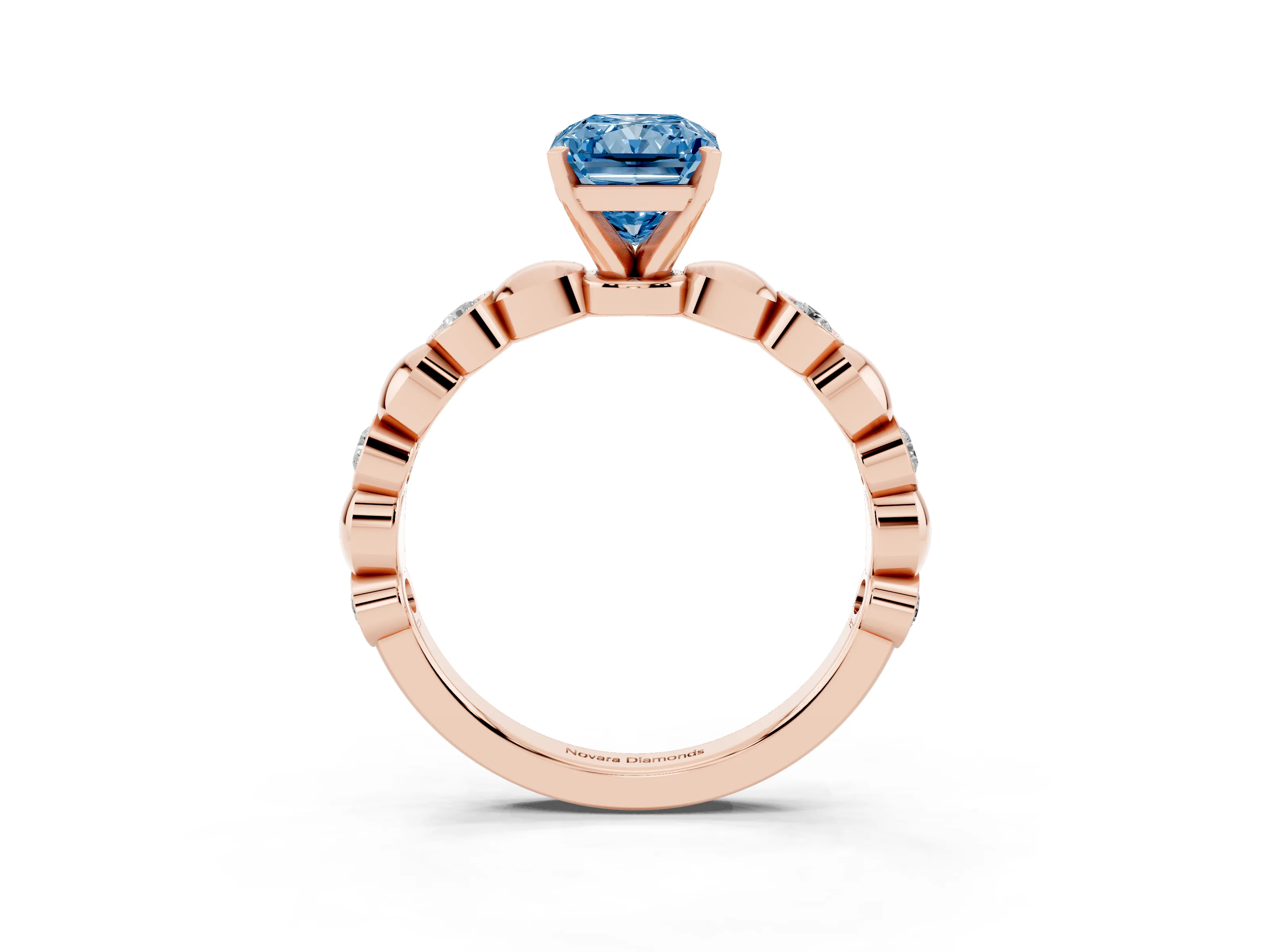 Fancy Blue Radiant Cut Diamond Solitaire Ring Set in Rose gold with Bezel-Set Accents on Beaded Band and Prong Setting