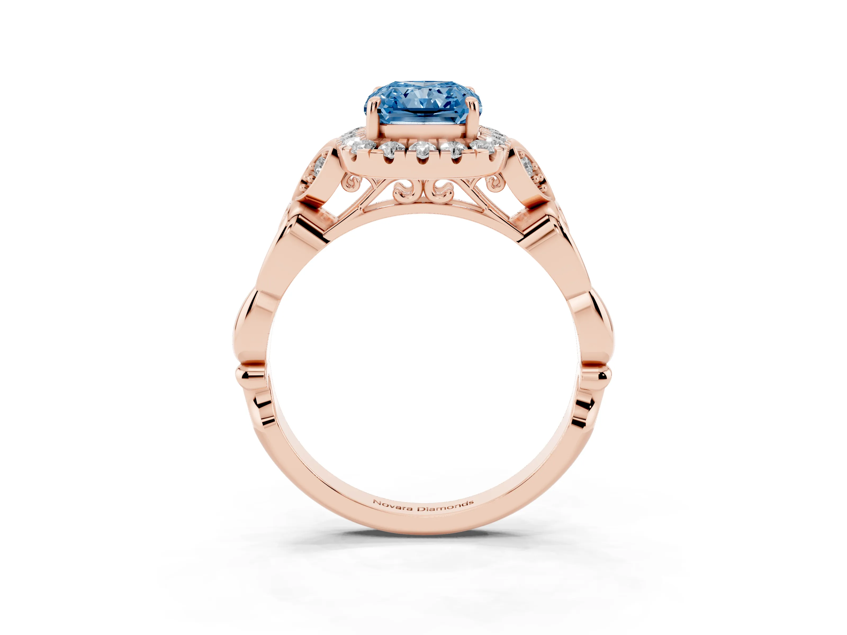 Fancy Blue Radiant Cut Diamond Halo Engagement Ring Set in Rose gold with Vintage-Inspired Band and Prong Setting