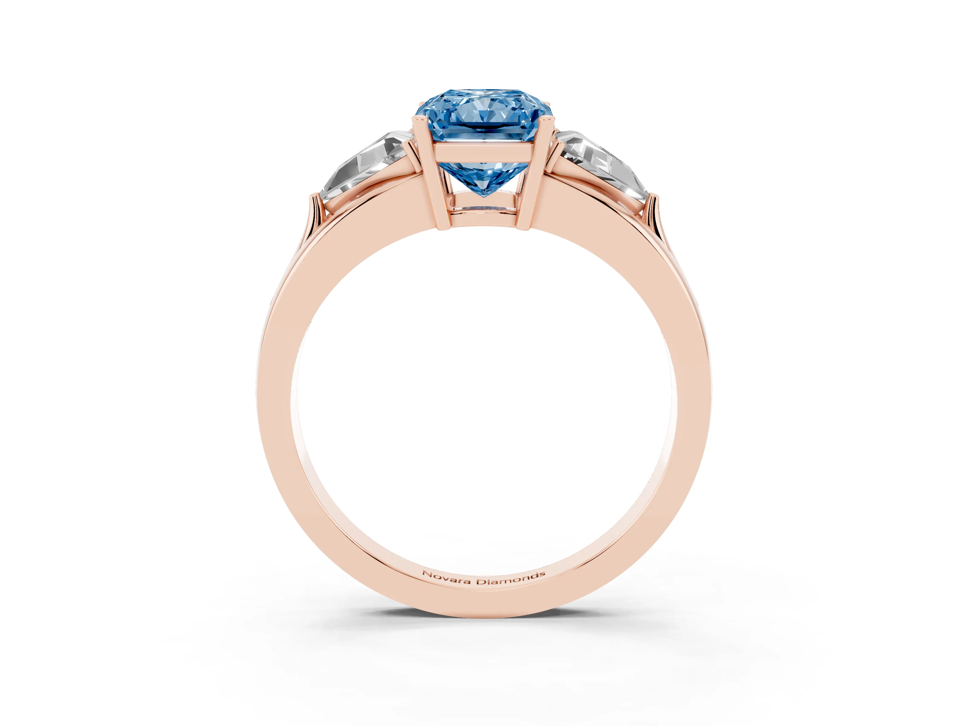 Fancy Blue Radiant Cut Diamond Three-Stone Ring Set in Rose gold with Trillion Side Stones and Split Shank
