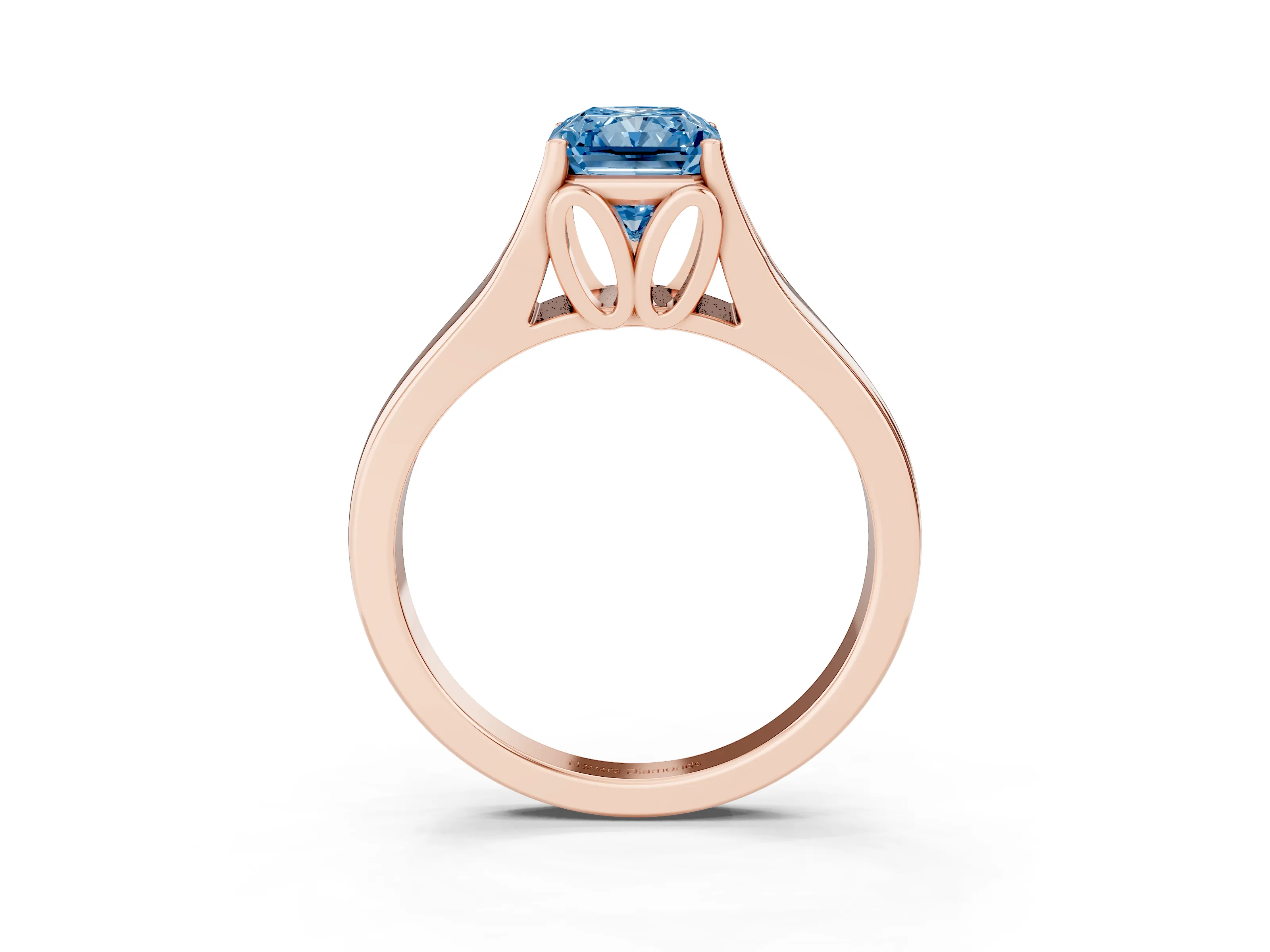 Fancy Blue Radiant Cut Diamond Solitaire Ring Set in Rose gold with Arched Cathedral Band and Prong Setting