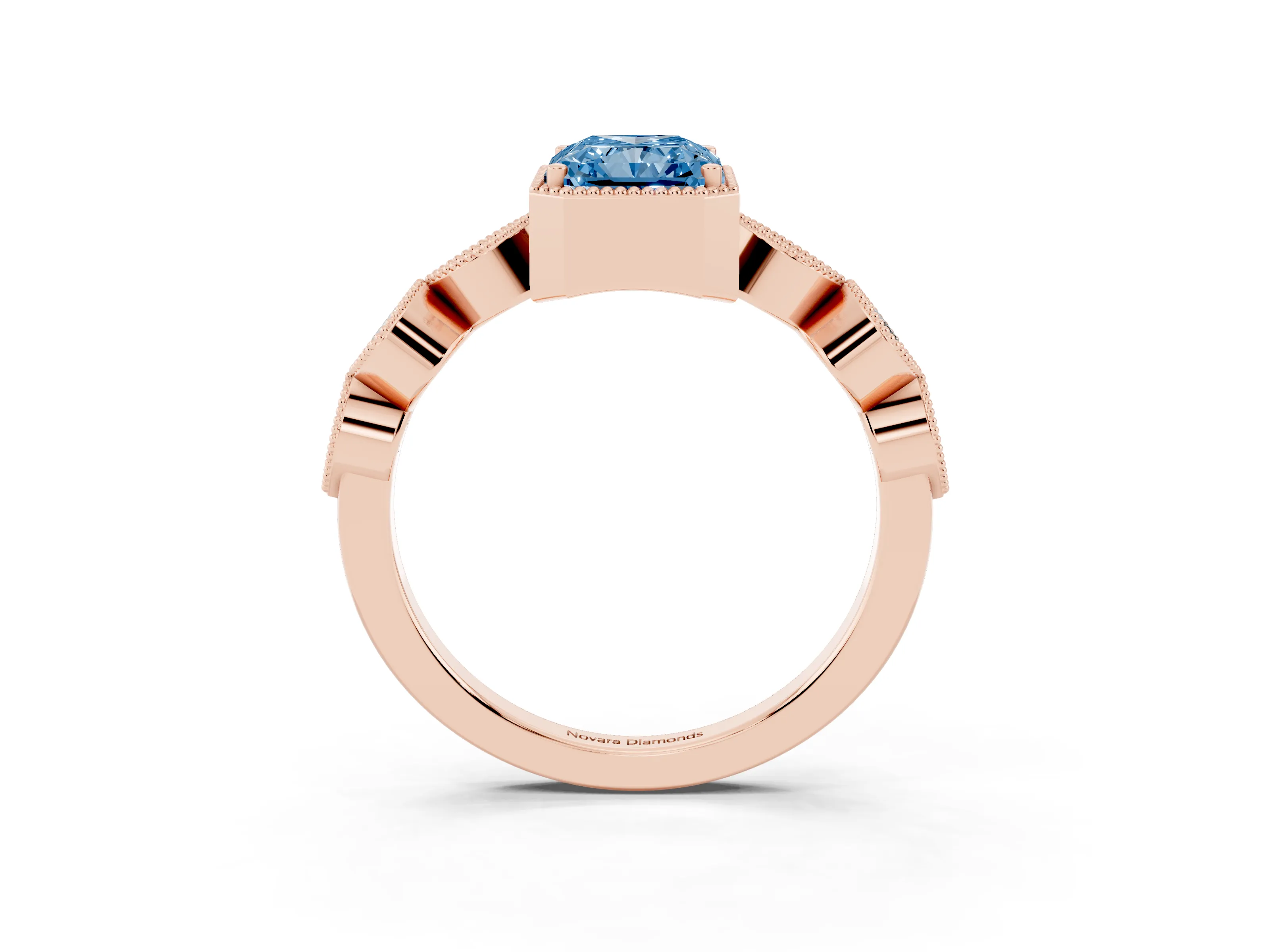 Fancy Blue Radiant Cut Diamond Vintage-Inspired Milgrain Ring Set in Rose gold with Marquise Stations of Round Accents