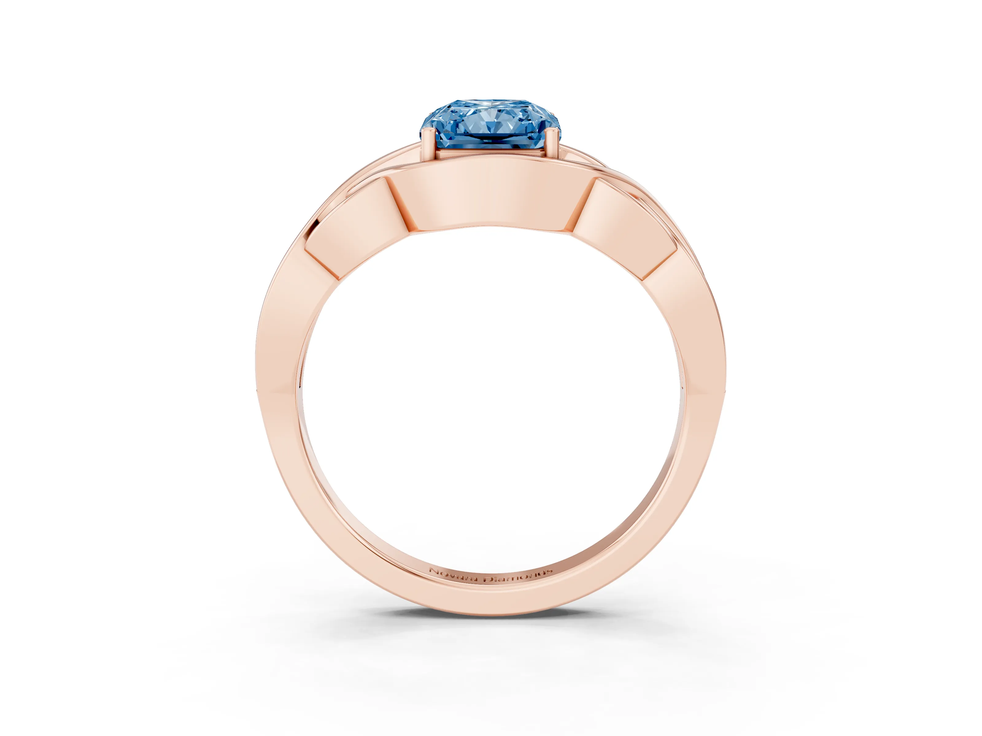 Fancy Blue Radiant Cut Diamond Solitaire Ring Set in Rose gold with Intertwined Band