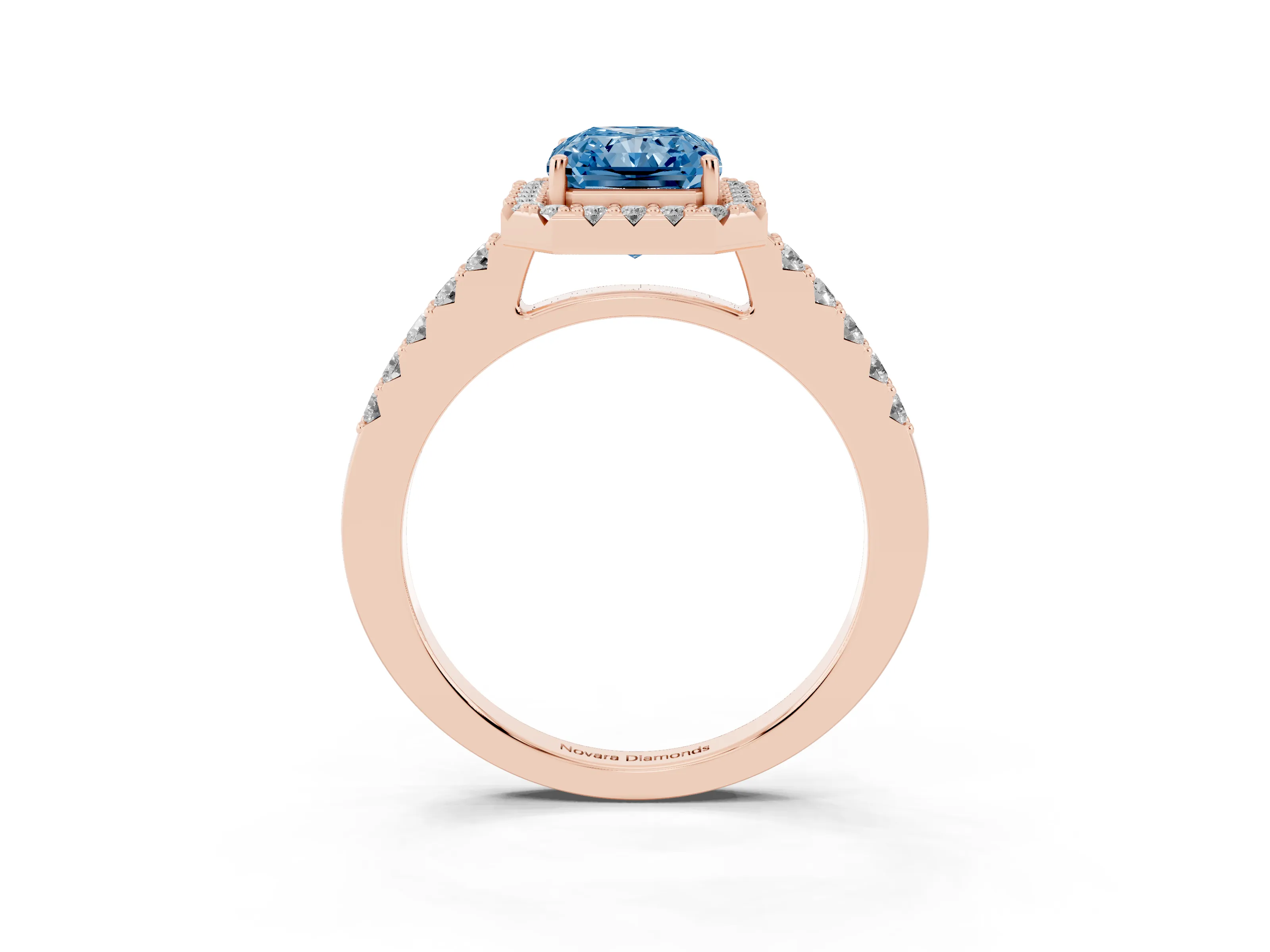 Fancy Blue Radiant Cut Diamond Halo Pavé Solitaire Ring Set in Rose gold with Prong-Set Center Stone