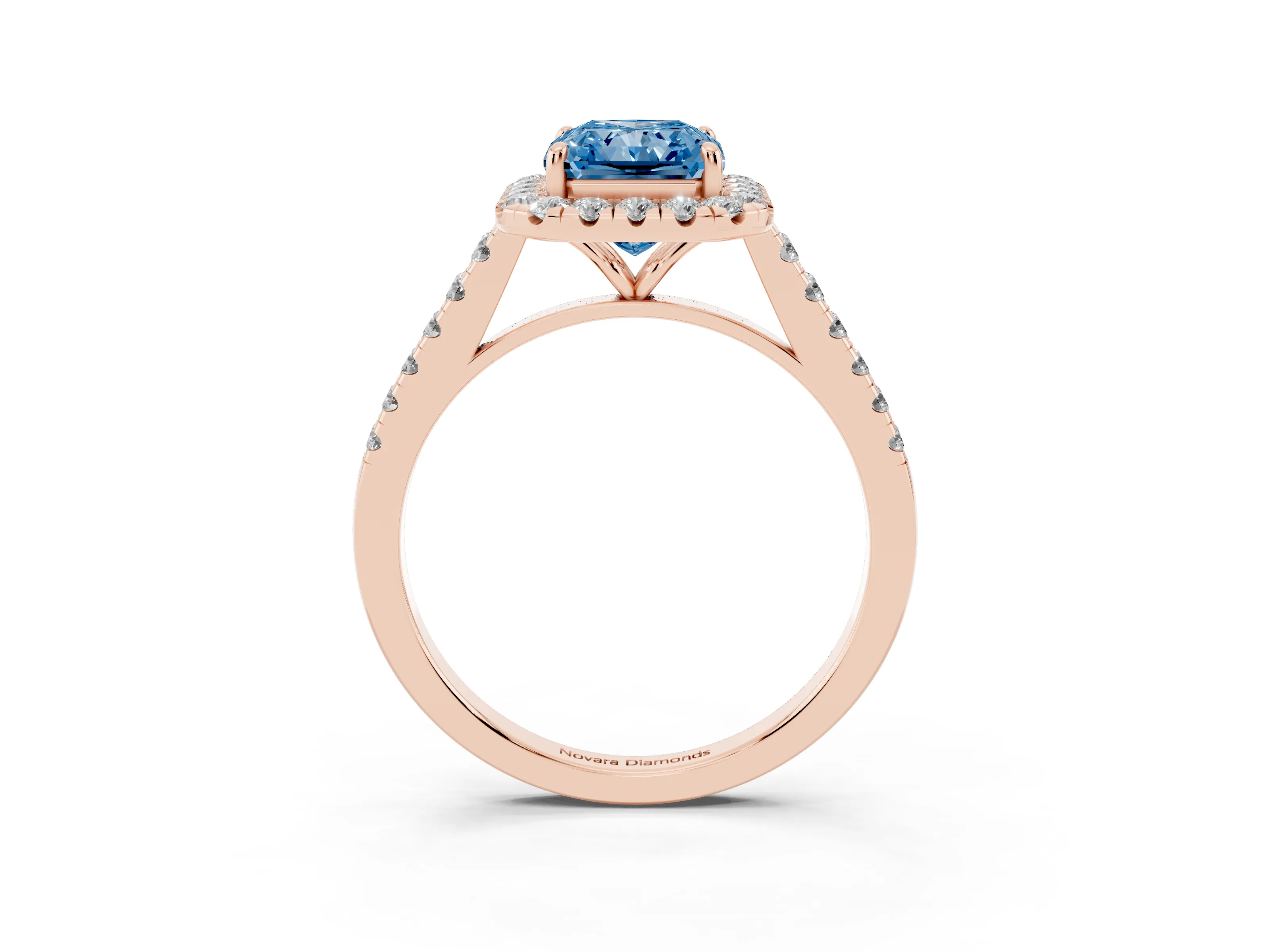 Fancy Blue Radiant Cut Diamond Halo Pavé Engagement Ring Set in Rose gold with Prong Setting