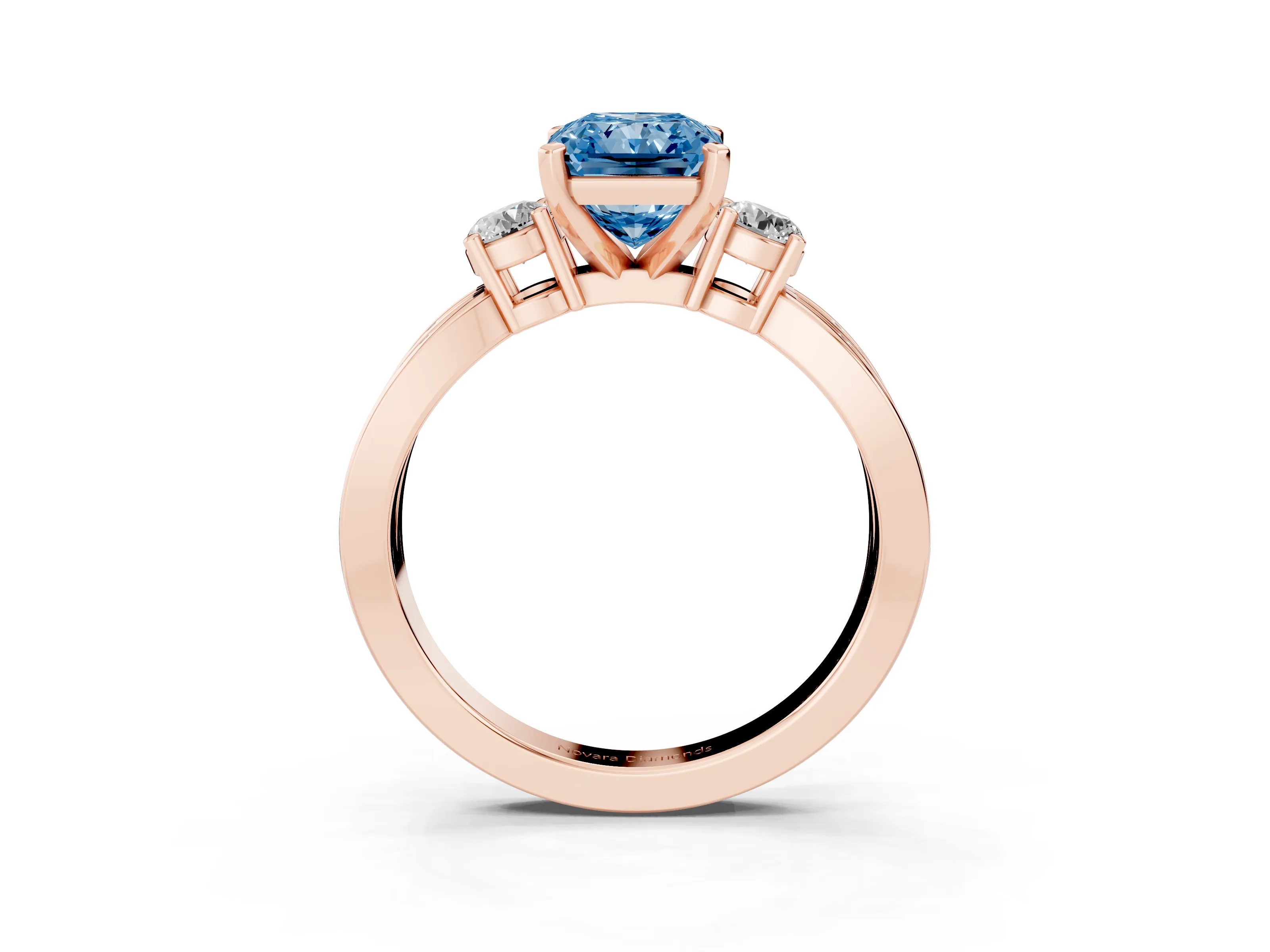 Fancy Blue Three-Stone Radiant Cut Diamond Twist Band Ring Set in Rose gold with Pavé Accents and Prong Setting