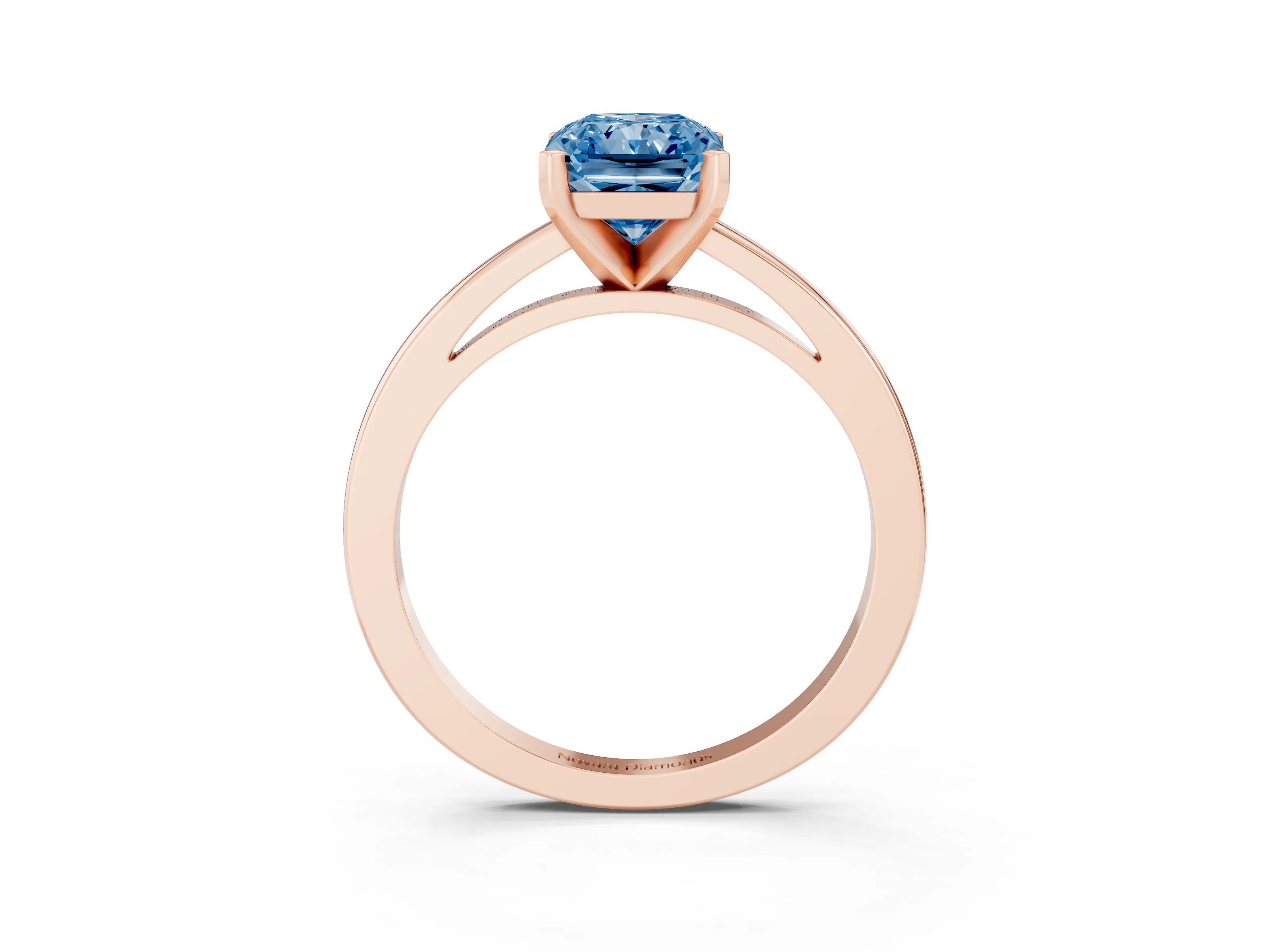 Fancy Blue Radiant Cut Diamond Solitaire Engagement Ring Set in Rose gold with Prong Setting on a Classic Band