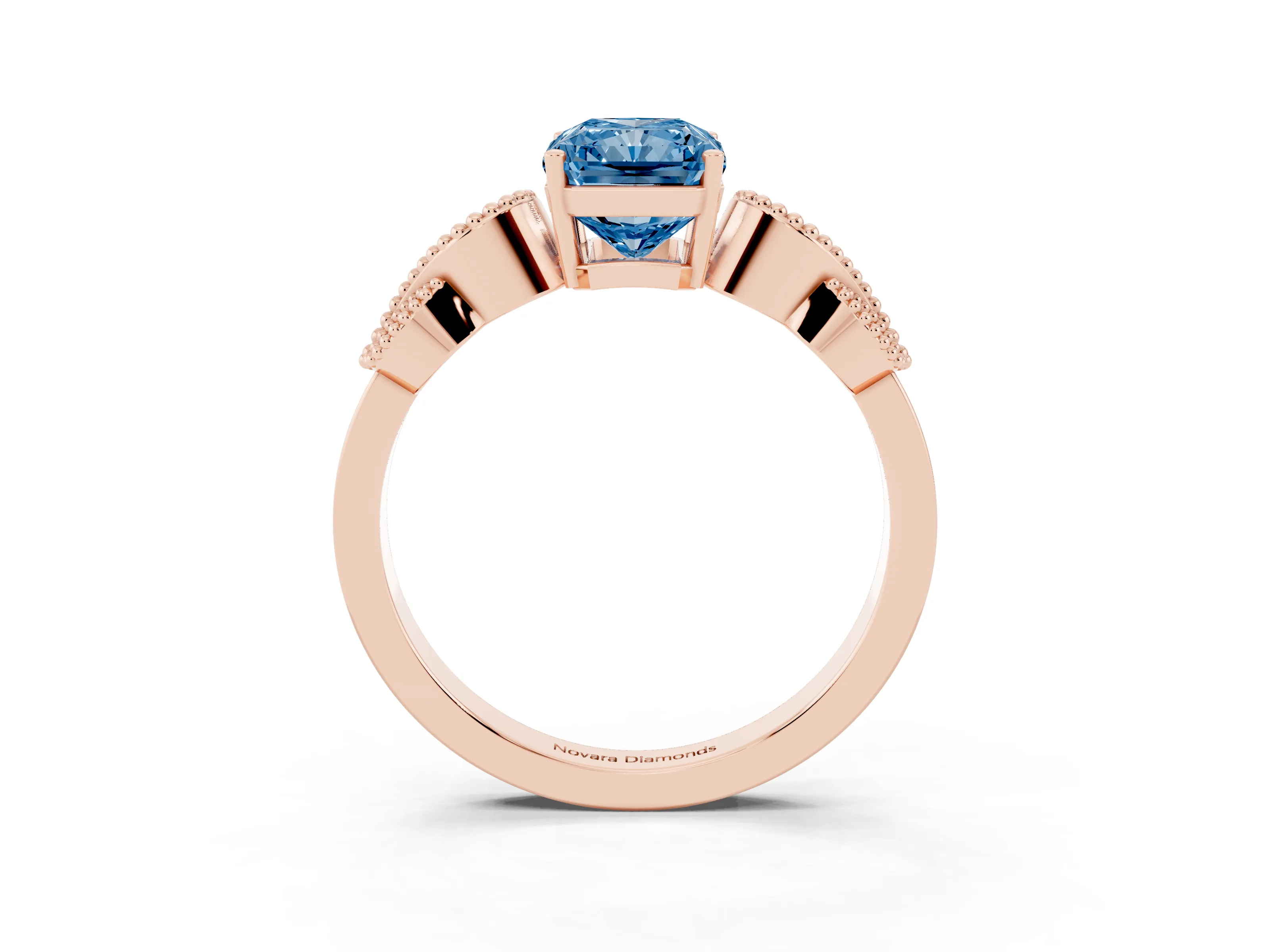 Fancy Blue Radiant Cut Diamond Milgrain Leaf Band Solitaire Ring Set in Rose gold with Accent Stones and Prong Setting