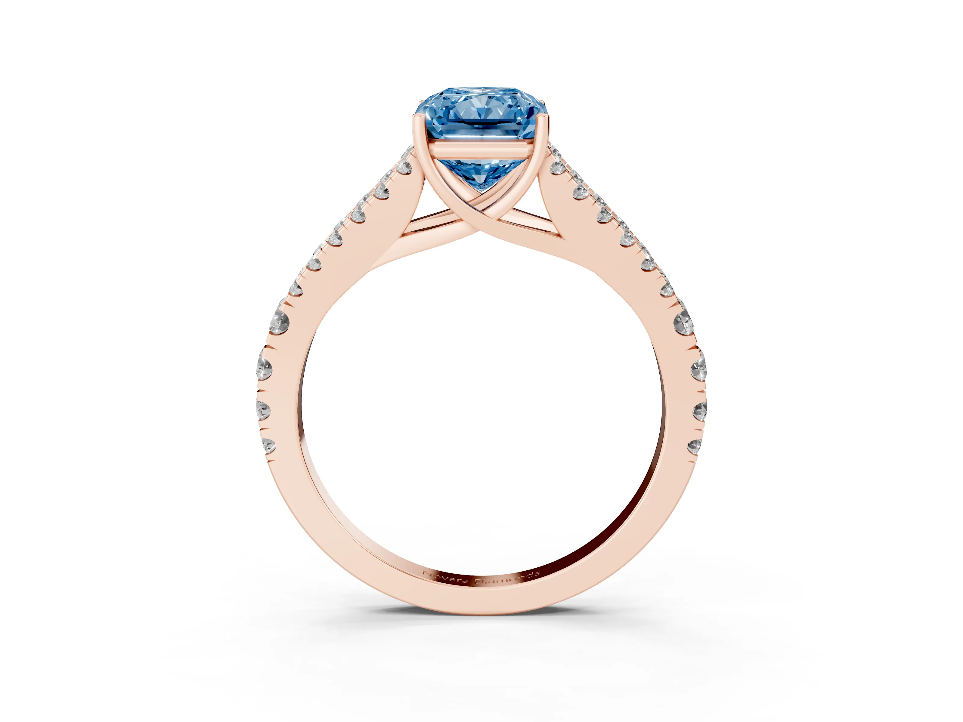 Fancy Blue Radiant Cut Diamond Split Shank Pavé Engagement Ring Set in Rose gold with Prong-Held Center Stone