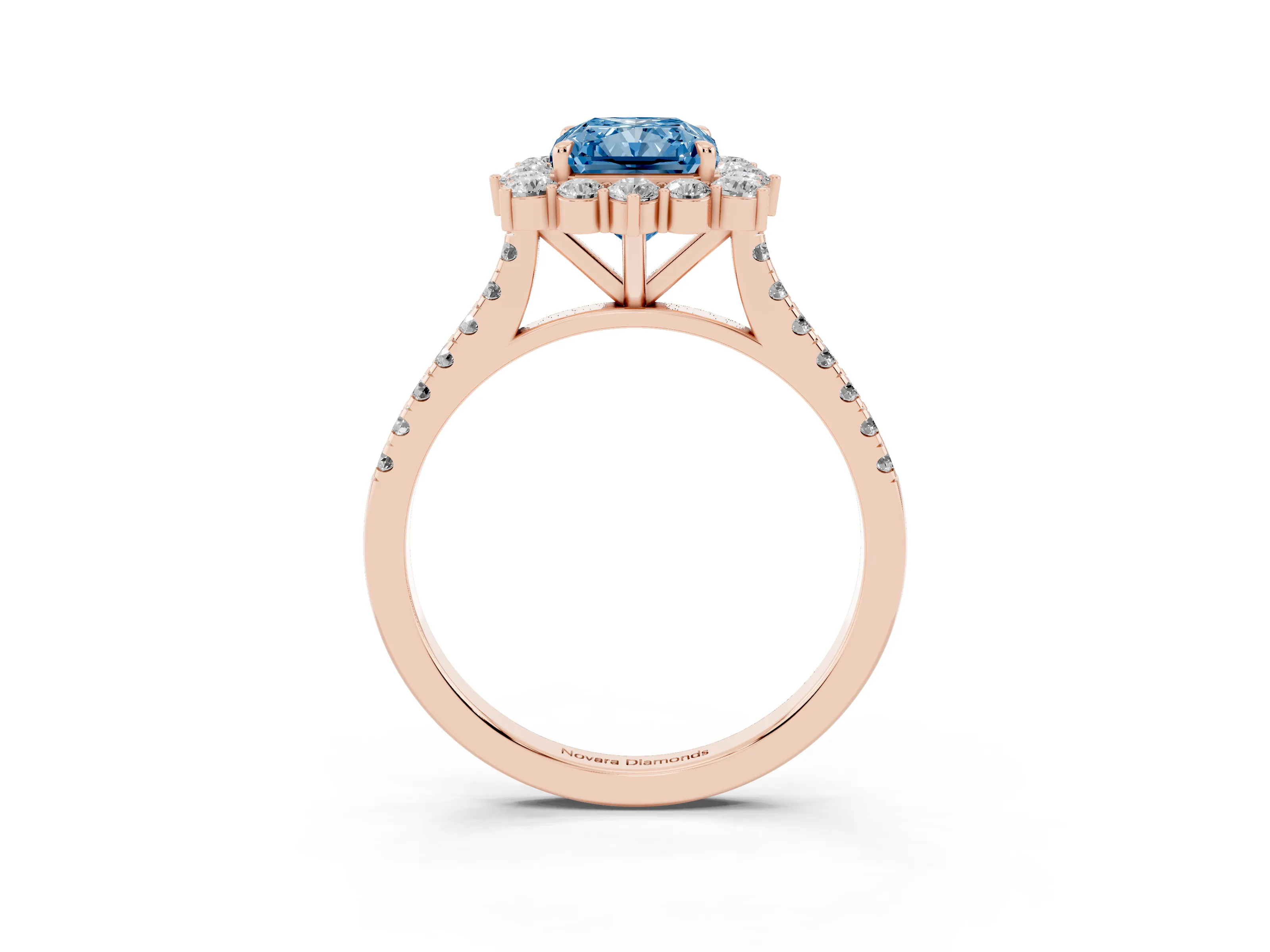 Fancy Blue Radiant Cut Diamond Halo Ring Set in Rose gold with Pavé Band and Prong Setting